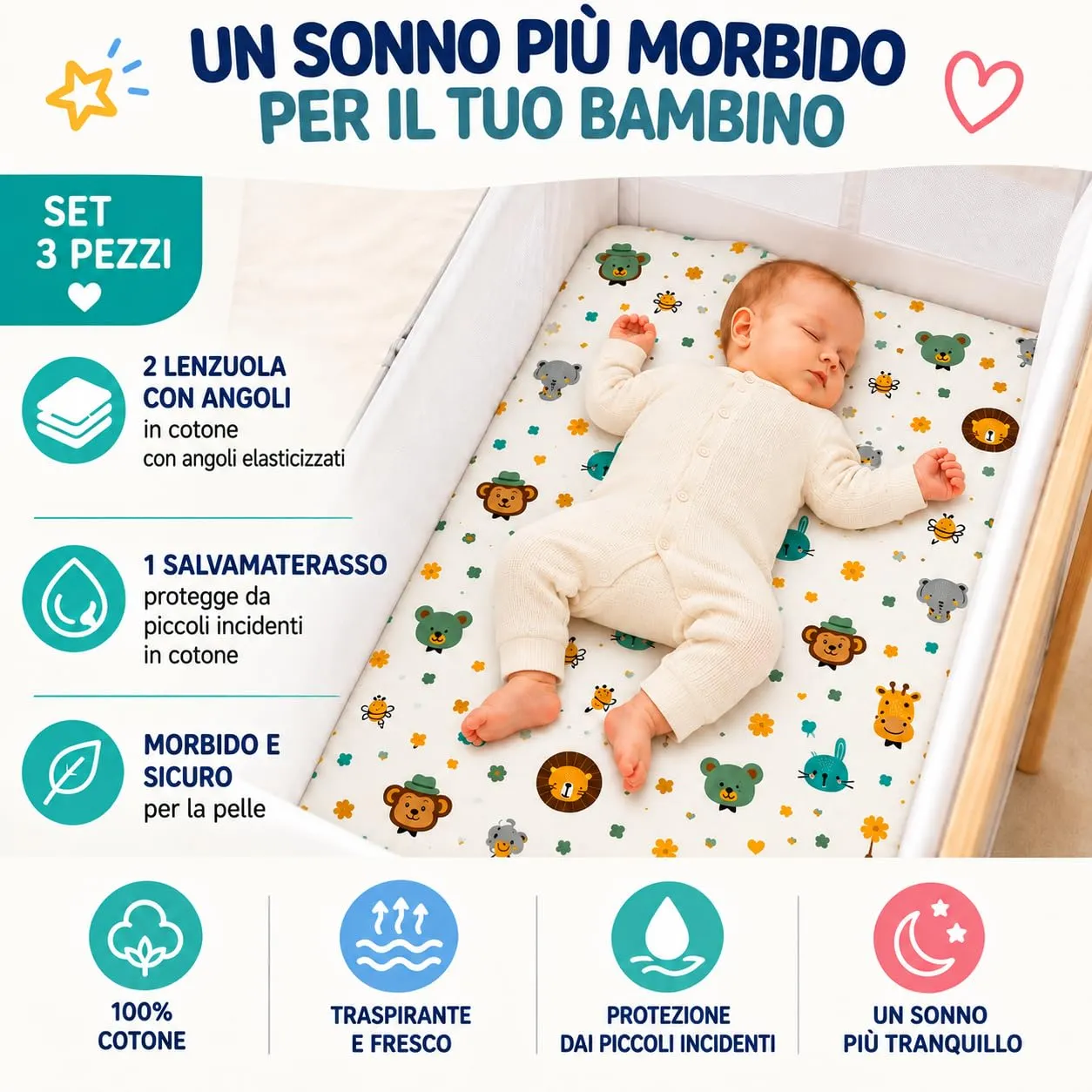 FlyIdeas Set 3 Pezzi Lenzuola e Coprimaterasso Lettino 140x70 cm - immagine 8