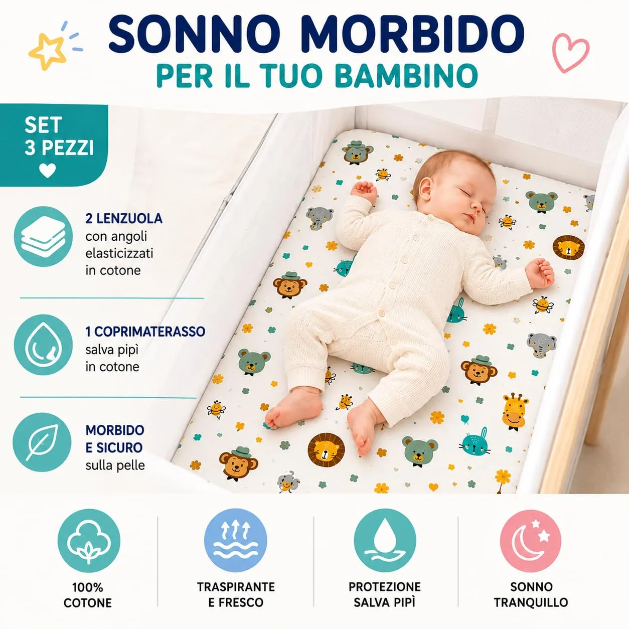FlyIdeas Set 3 Pezzi Lenzuola e Coprimaterasso Lettino 160x80 cm - immagine 7