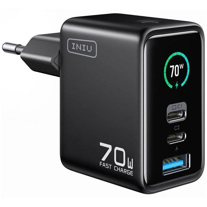 Caricabatterie da parete INIU Leopard 70W GaN mini 2x USB-C 1x USB-A Display TFT - immagine 1
