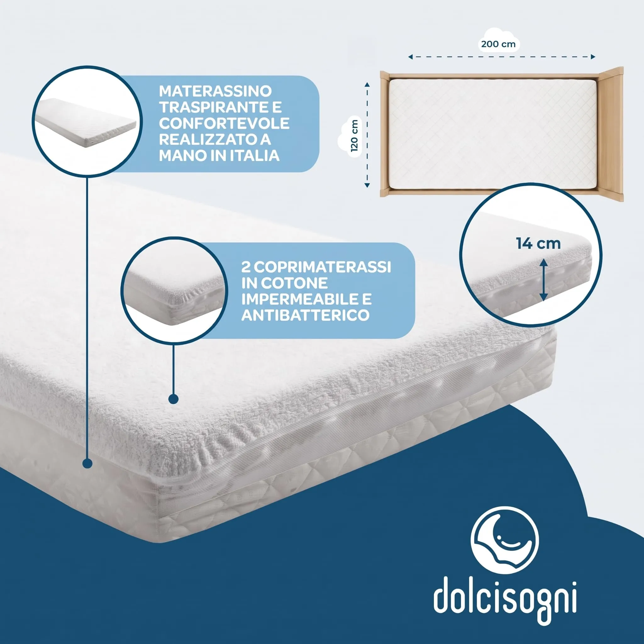 DOLCI SOGNI Materasso Bambini 120x200 - Materasso Letto Singolo - Alto 14cm, Schiuma Traspirante H2, Fodera Anallergica, Certificato Oeko Tex 100 e CertiPur, Antiacaro, Durevole - Made in Italy - immagine 3