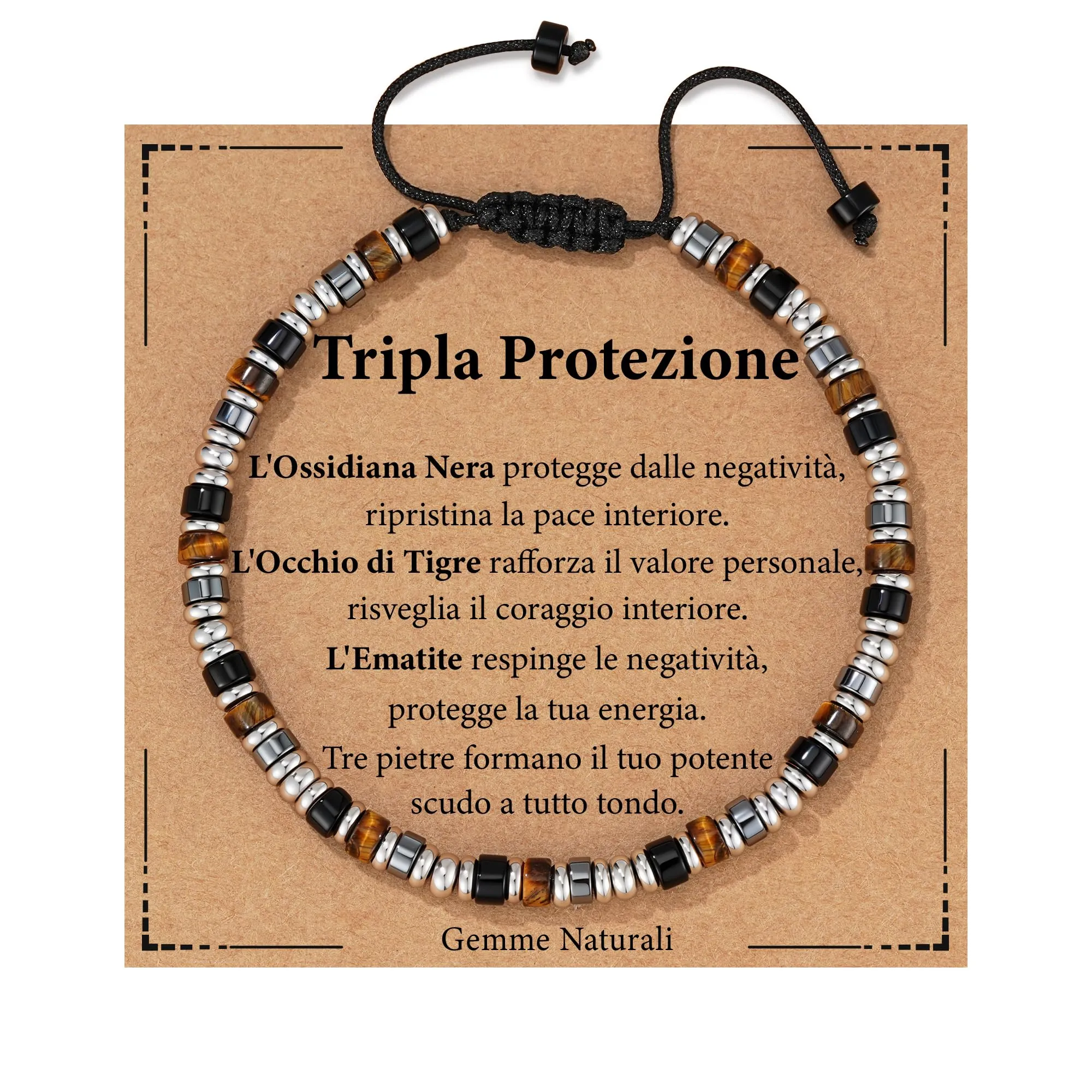 Bracciale Uomo Acciaio Regali Ossidiana Nera Occhio Di Tigre - immagine 1