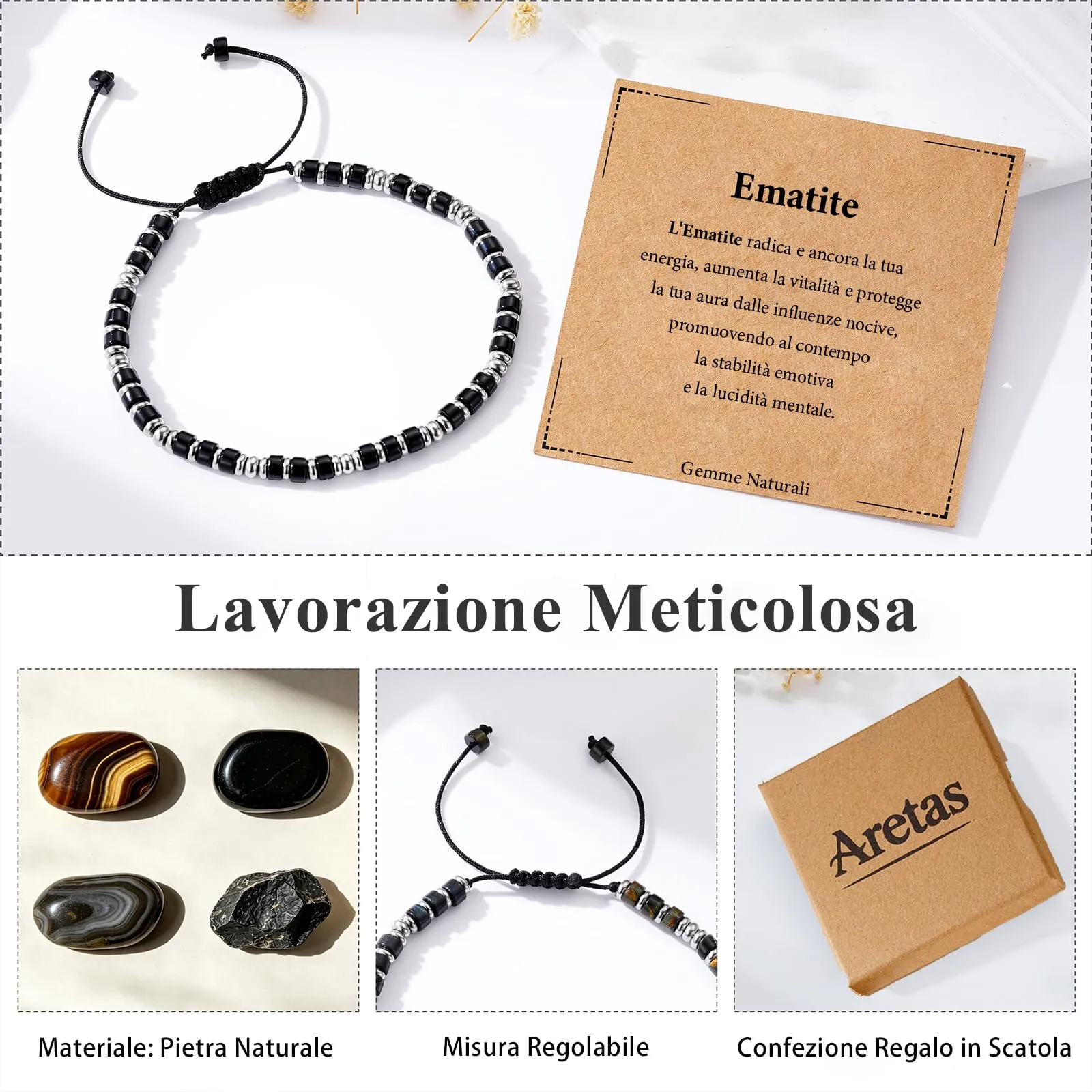 Bracciale Uomo Acciaio Regali Ossidiana Nera Occhio Di Tigre - immagine 4
