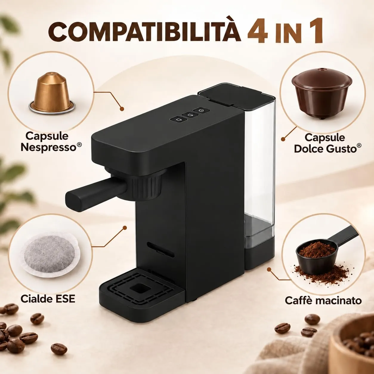 Macchina Caffè 4 in 1 Black - 1400 W - Pressione 20 bar - ABS Resistente - immagine 3