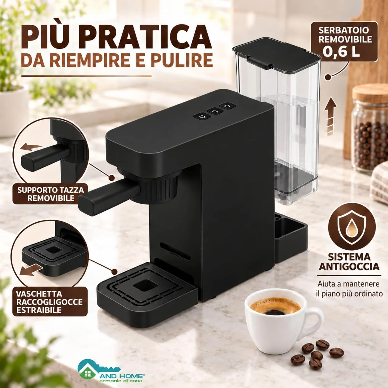 Macchina Caffè 4 in 1 Black - 1400 W - Pressione 20 bar - ABS Resistente - immagine 6