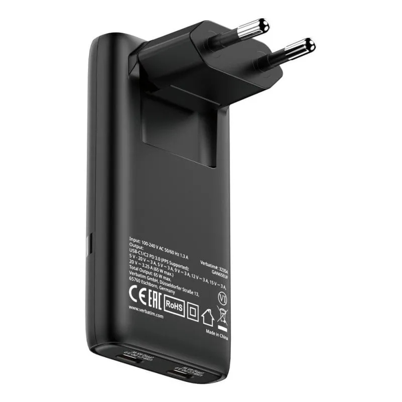 Caricatore Verbatim 32354 65W GaN Dual USB-C Power Delivery Black - immagine 1