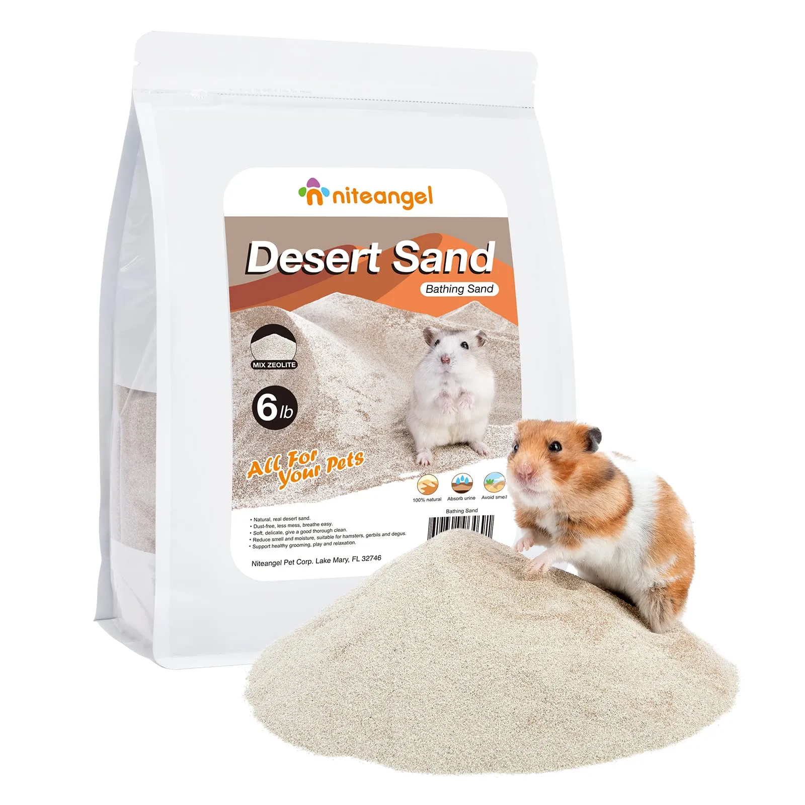 Niteangel Sabbia da Bagno nel Deserto per criceti, cincillà, gerbo, Topi, Degu o Altri Piccoli Animali Domestici (Sabbia del Deserto e Particelle di Zeolite, 2.72kg) - immagine 1