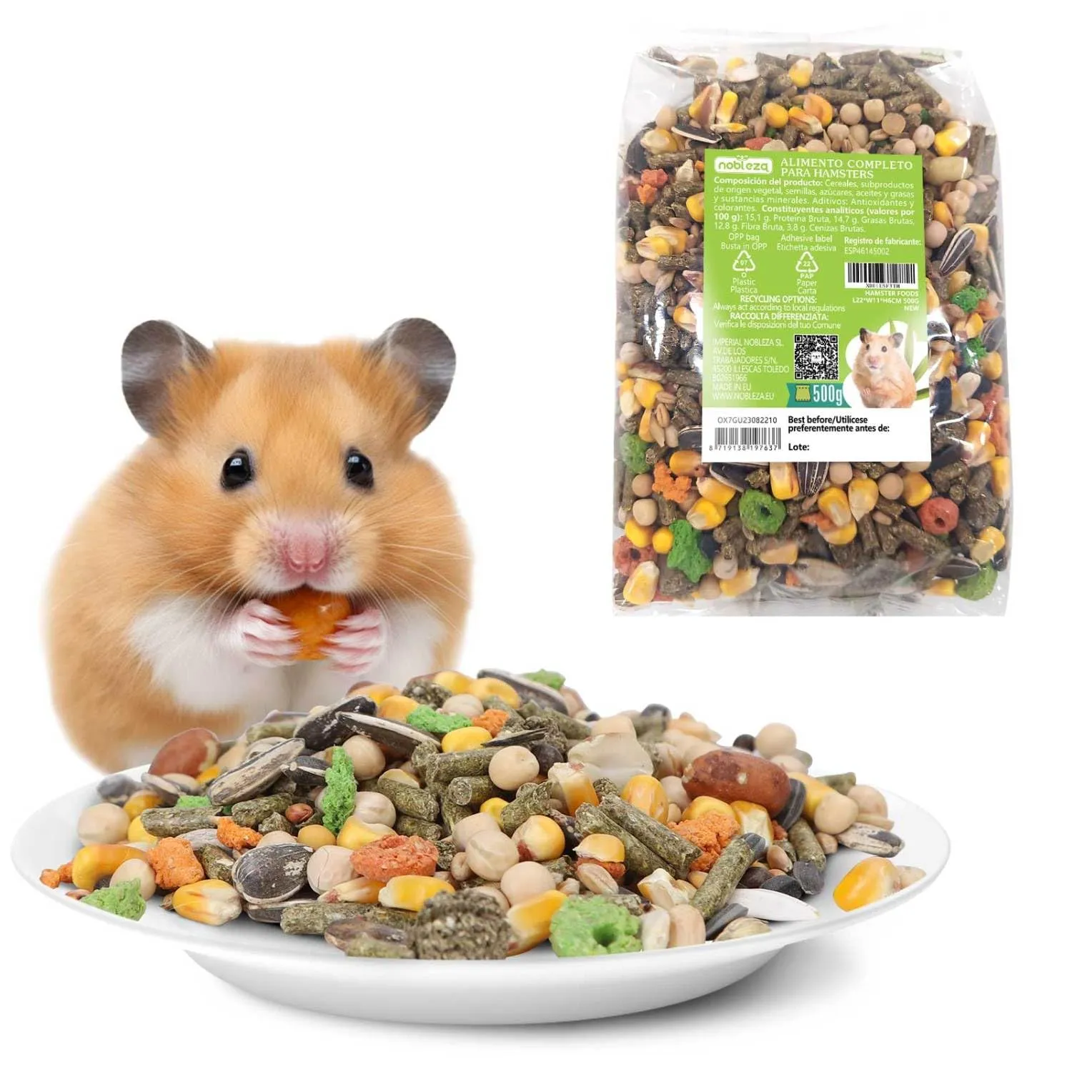 Nobleza - (500g) Mangime per Criceti, Cibo per Gerbilli, Alimento Completo per Criceti in Sacchetto, Pasto Misto di Vitamine e Fibre - immagine 1