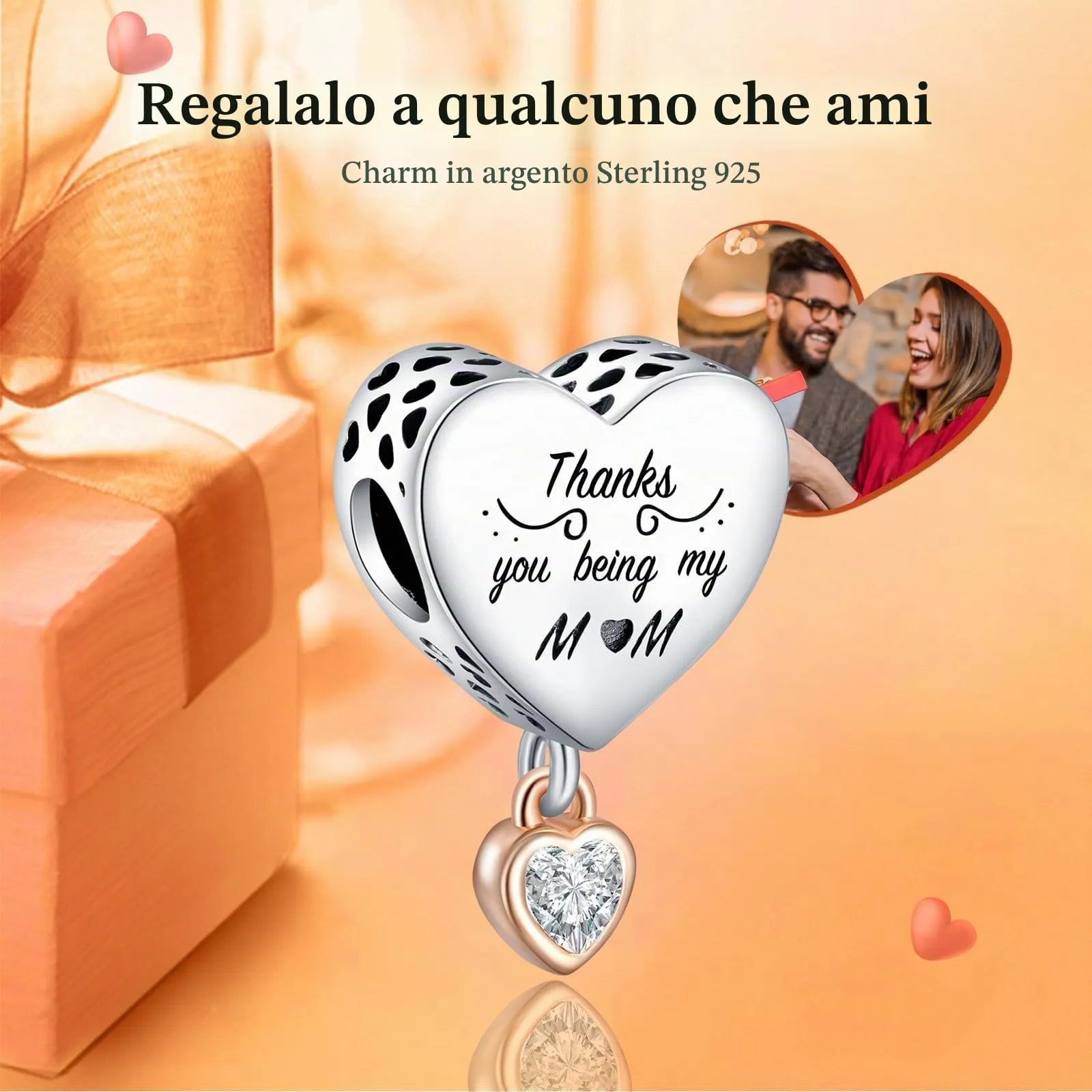 Rimgoris 925 Charm in argento sterling per bracciali da donna collana Mamma Cuore due toni Dangle Charms Donna Bracciale Charm - immagine 2