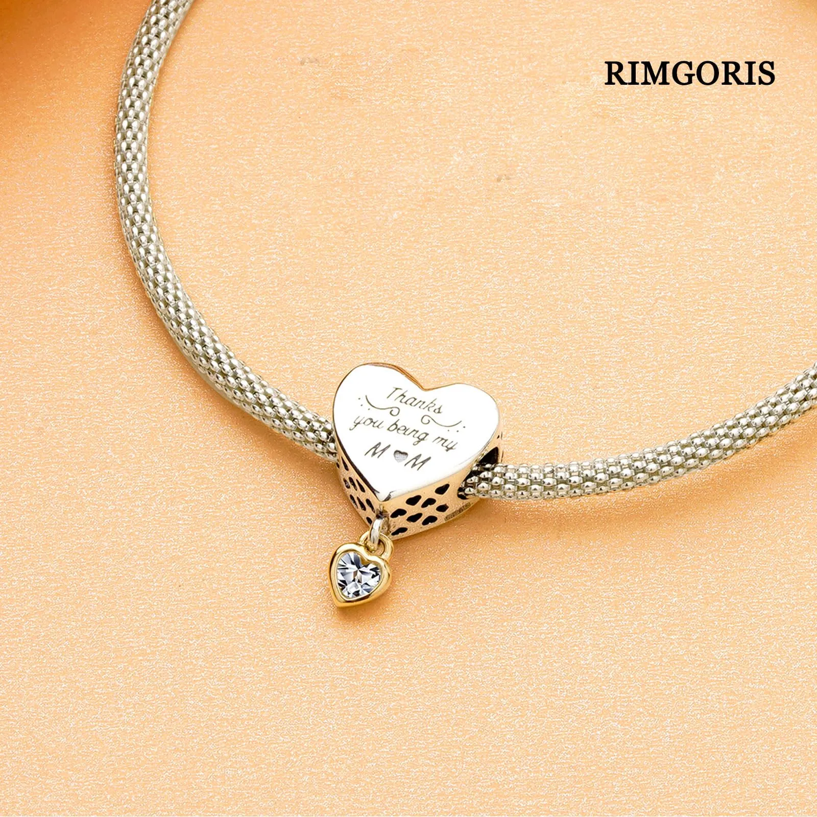 Rimgoris 925 Charm in argento sterling per bracciali da donna collana Mamma Cuore due toni Dangle Charms Donna Bracciale Charm - immagine 4