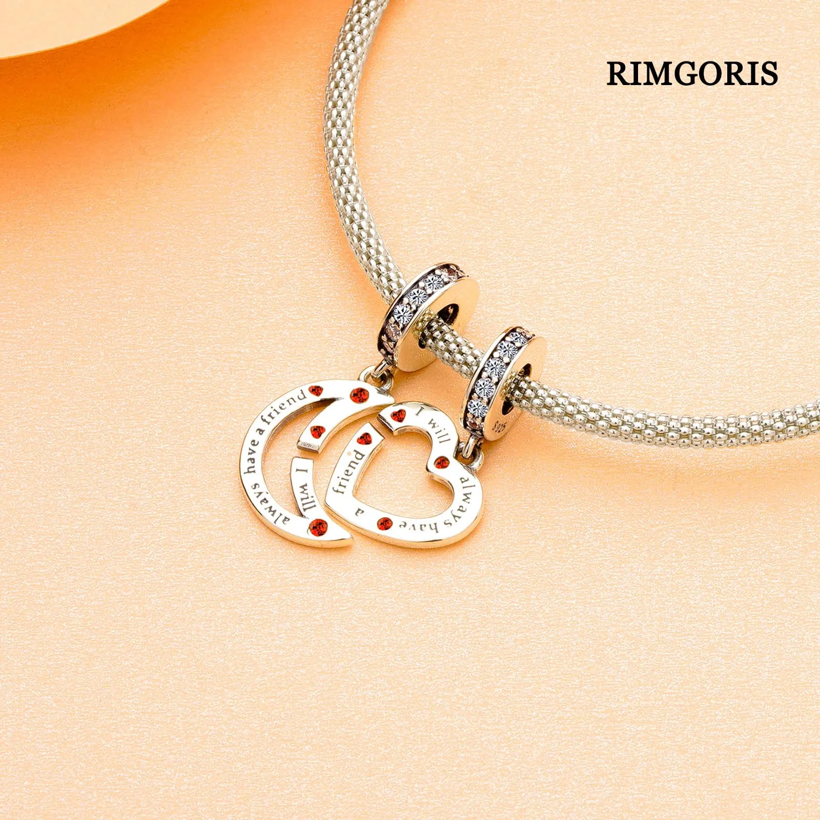 Rimgoris 925 Charm in argento sterling per bracciali da donna collana Nuova Amicizia Cuore Luna forma Dangle Charm Bracciale Charm - immagine 3