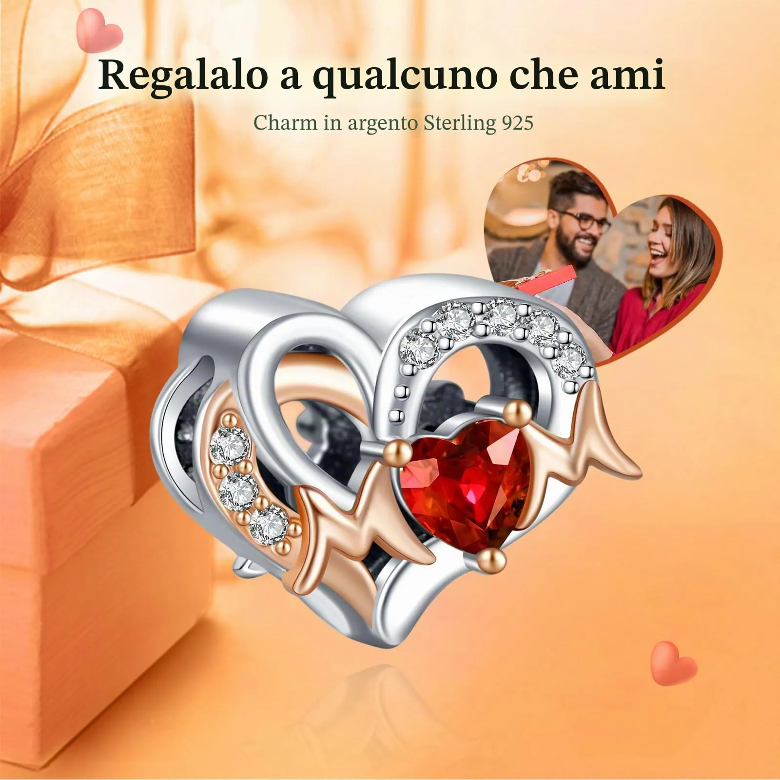 Rimgoris 925 Charm in argento sterling per bracciali da donna collana Oro rosa Festa della mamma Cuore rubino Charm Donne Bracciale Charm - immagine 2