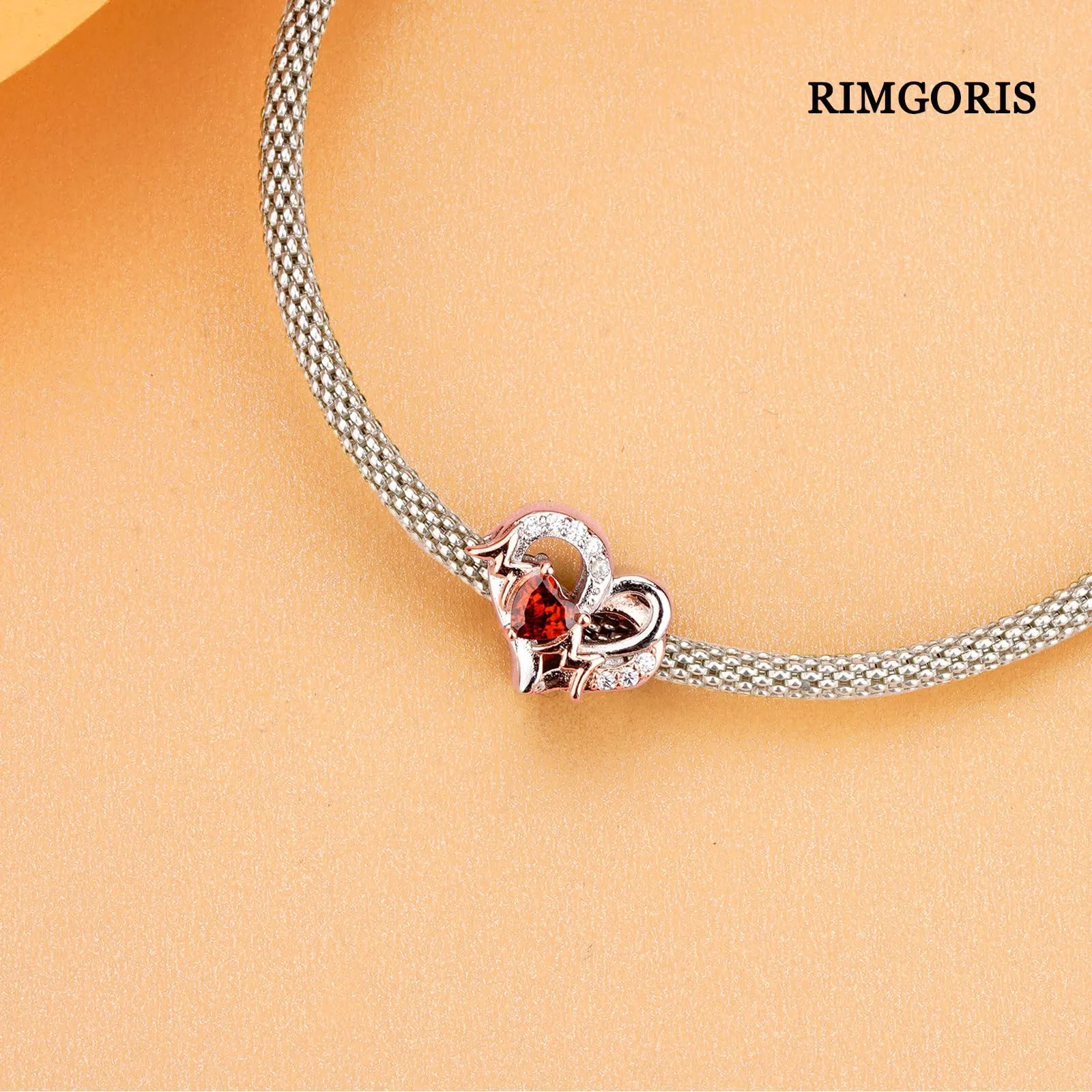 Rimgoris 925 Charm in argento sterling per bracciali da donna collana Oro rosa Festa della mamma Cuore rubino Charm Donne Bracciale Charm - immagine 4