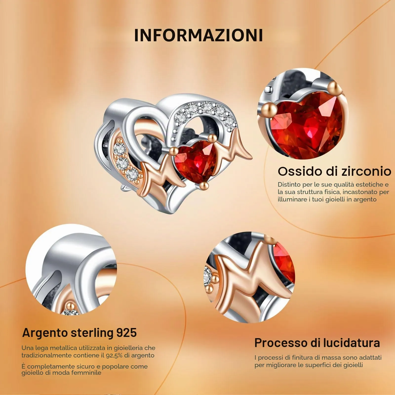 Rimgoris 925 Charm in argento sterling per bracciali da donna collana Oro rosa Festa della mamma Cuore rubino Charm Donne Bracciale Charm - immagine 6