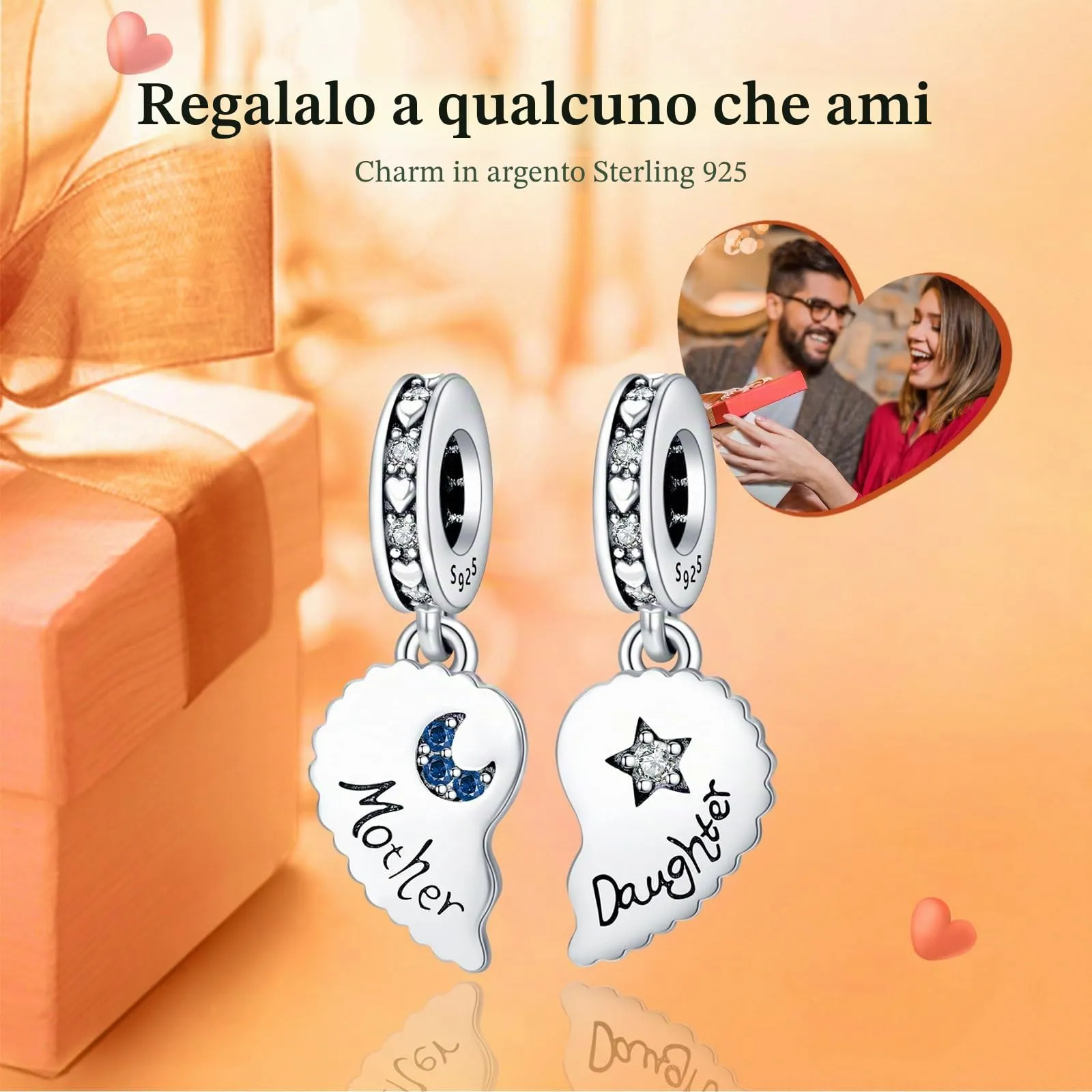 Rimgoris 925 Charm in argento sterling per bracciali da donna collana Madre Figlia Split Cuore Dangle Charms Donne Bracciale Charms - immagine 2