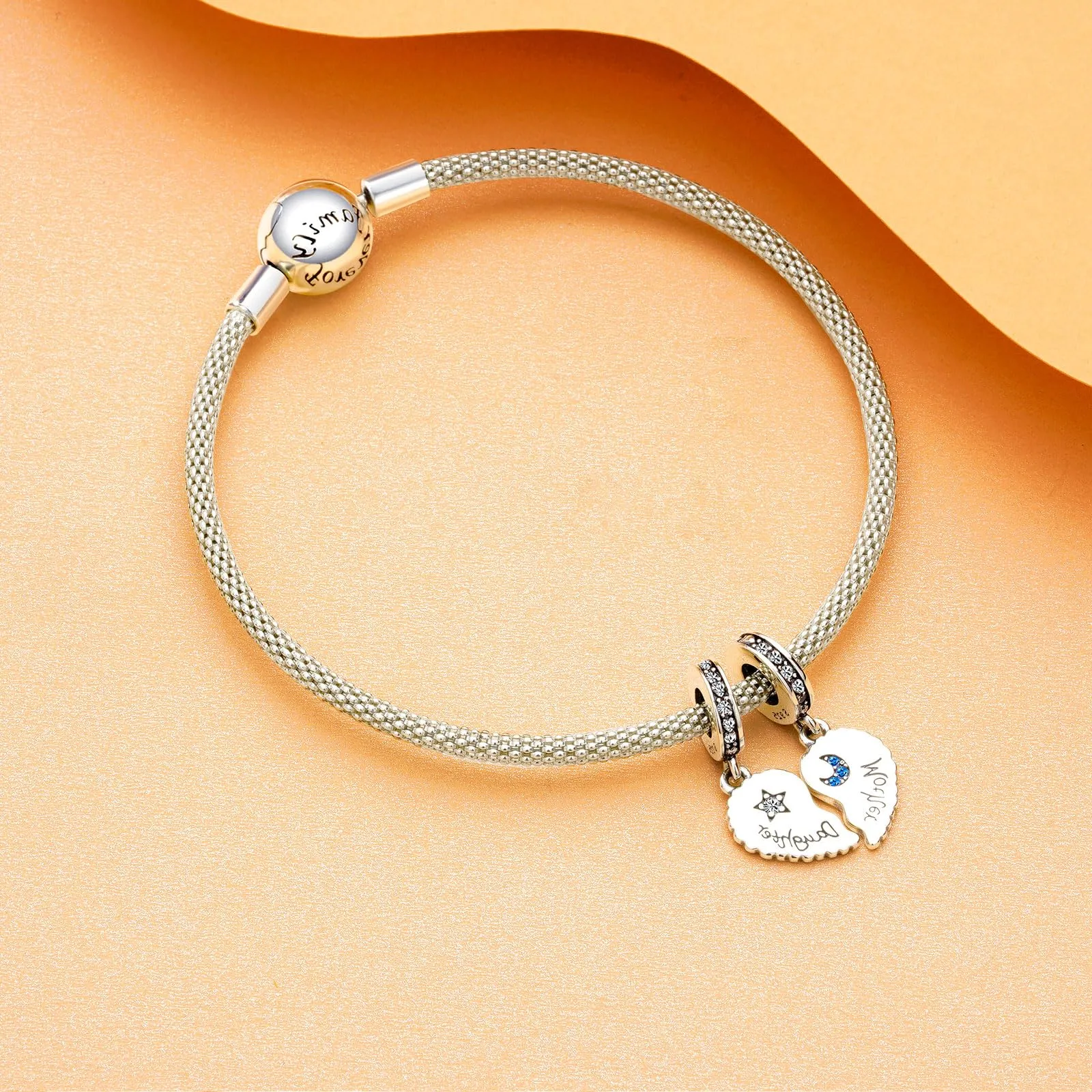 Rimgoris 925 Charm in argento sterling per bracciali da donna collana Madre Figlia Split Cuore Dangle Charms Donne Bracciale Charms - immagine 3