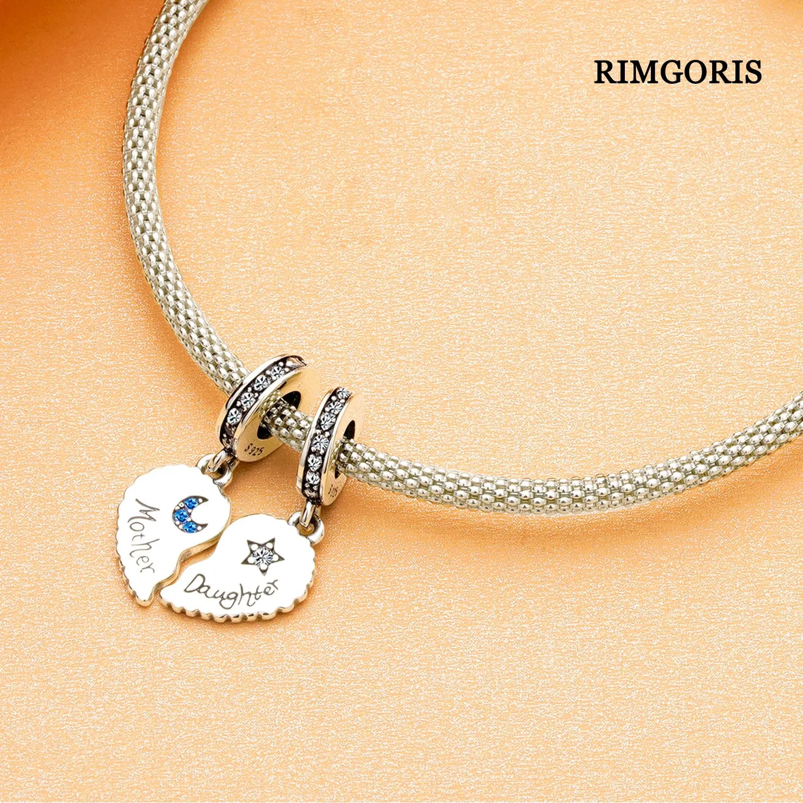 Rimgoris 925 Charm in argento sterling per bracciali da donna collana Madre Figlia Split Cuore Dangle Charms Donne Bracciale Charms - immagine 4