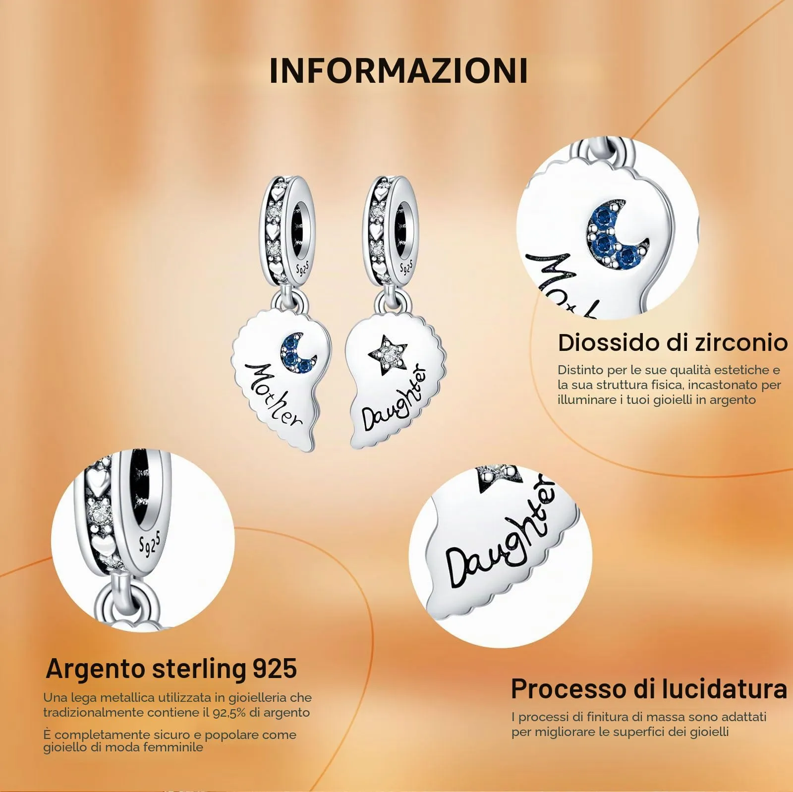 Rimgoris 925 Charm in argento sterling per bracciali da donna collana Madre Figlia Split Cuore Dangle Charms Donne Bracciale Charms - immagine 6