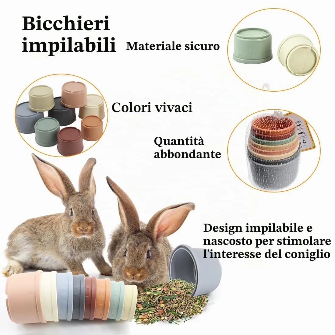 SHSMPXOY 8 PCS Tazze Impilabili Per Conigli,Giochi Per Conigli Nani Di Plastica Sicure,Giochi Coniglio Nano, Per Nascondere Il Cibo e Giocare (Colore Morandi) - immagine 2