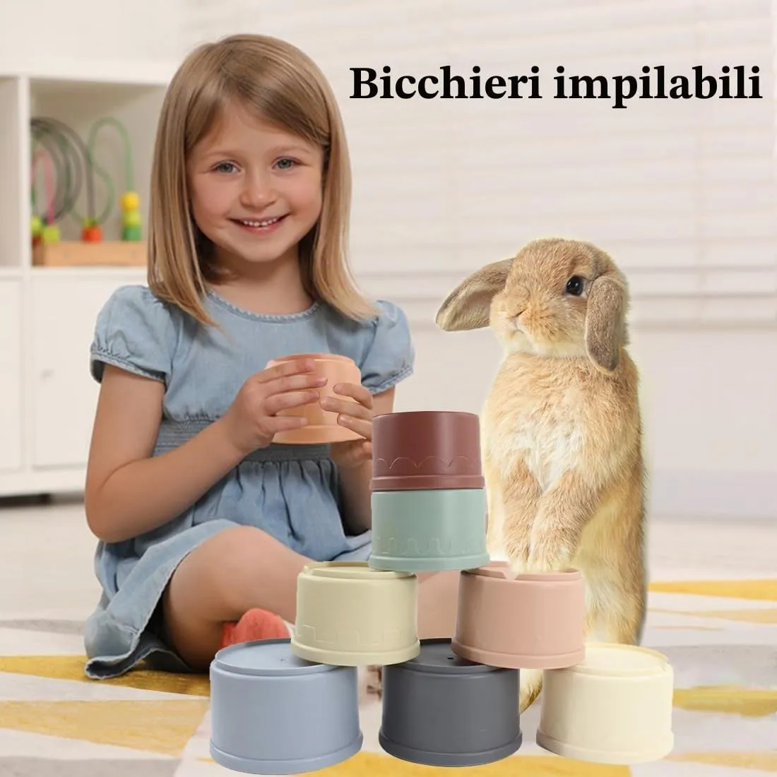 SHSMPXOY 8 PCS Tazze Impilabili Per Conigli,Giochi Per Conigli Nani Di Plastica Sicure,Giochi Coniglio Nano, Per Nascondere Il Cibo e Giocare (Colore Morandi) - immagine 4