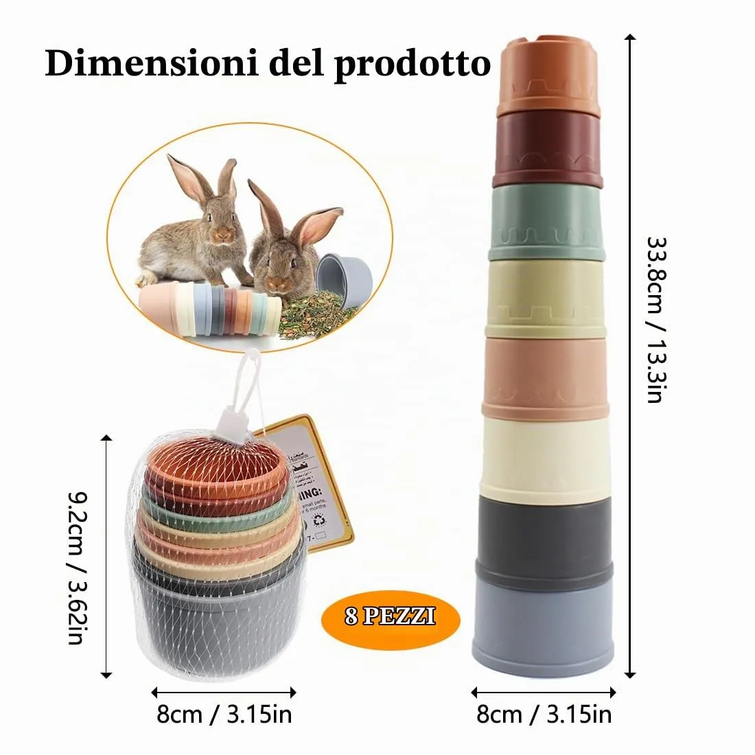 SHSMPXOY 8 PCS Tazze Impilabili Per Conigli,Giochi Per Conigli Nani Di Plastica Sicure,Giochi Coniglio Nano, Per Nascondere Il Cibo e Giocare (Colore Morandi) - immagine 6