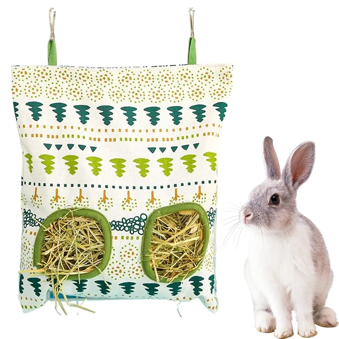 WeddHuis Borsa per Fieno, Portafieno per Conigli, Fieniera per Conigli, Pettorina Coniglio Nano, Mangiatoia per Cavie (2 Fori) - immagine 1