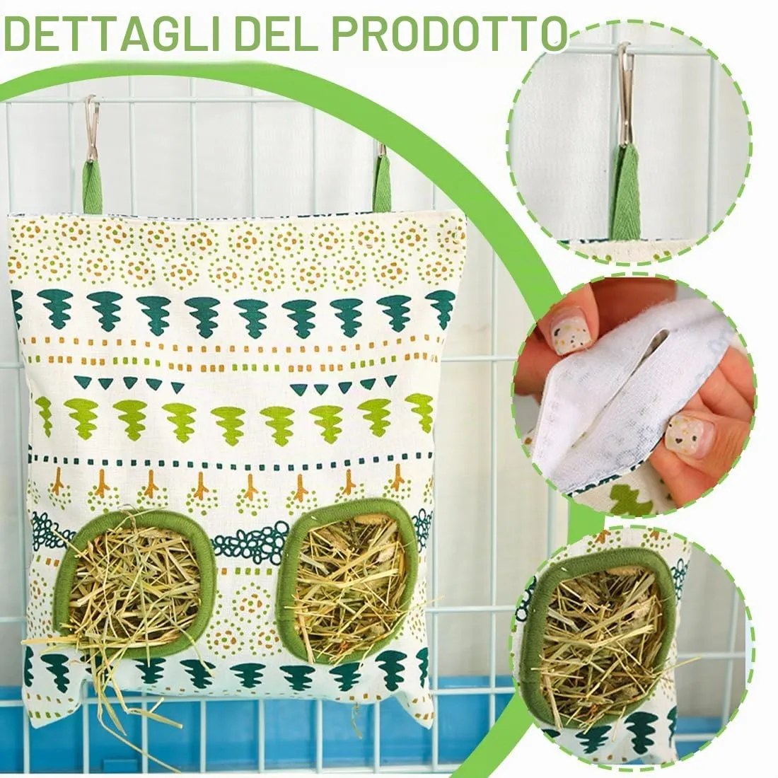 WeddHuis Borsa per Fieno, Portafieno per Conigli, Fieniera per Conigli, Pettorina Coniglio Nano, Mangiatoia per Cavie (2 Fori) - immagine 3