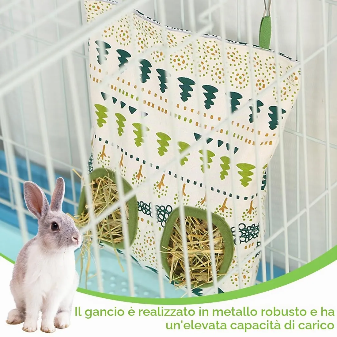 WeddHuis Borsa per Fieno, Portafieno per Conigli, Fieniera per Conigli, Pettorina Coniglio Nano, Mangiatoia per Cavie (2 Fori) - immagine 4
