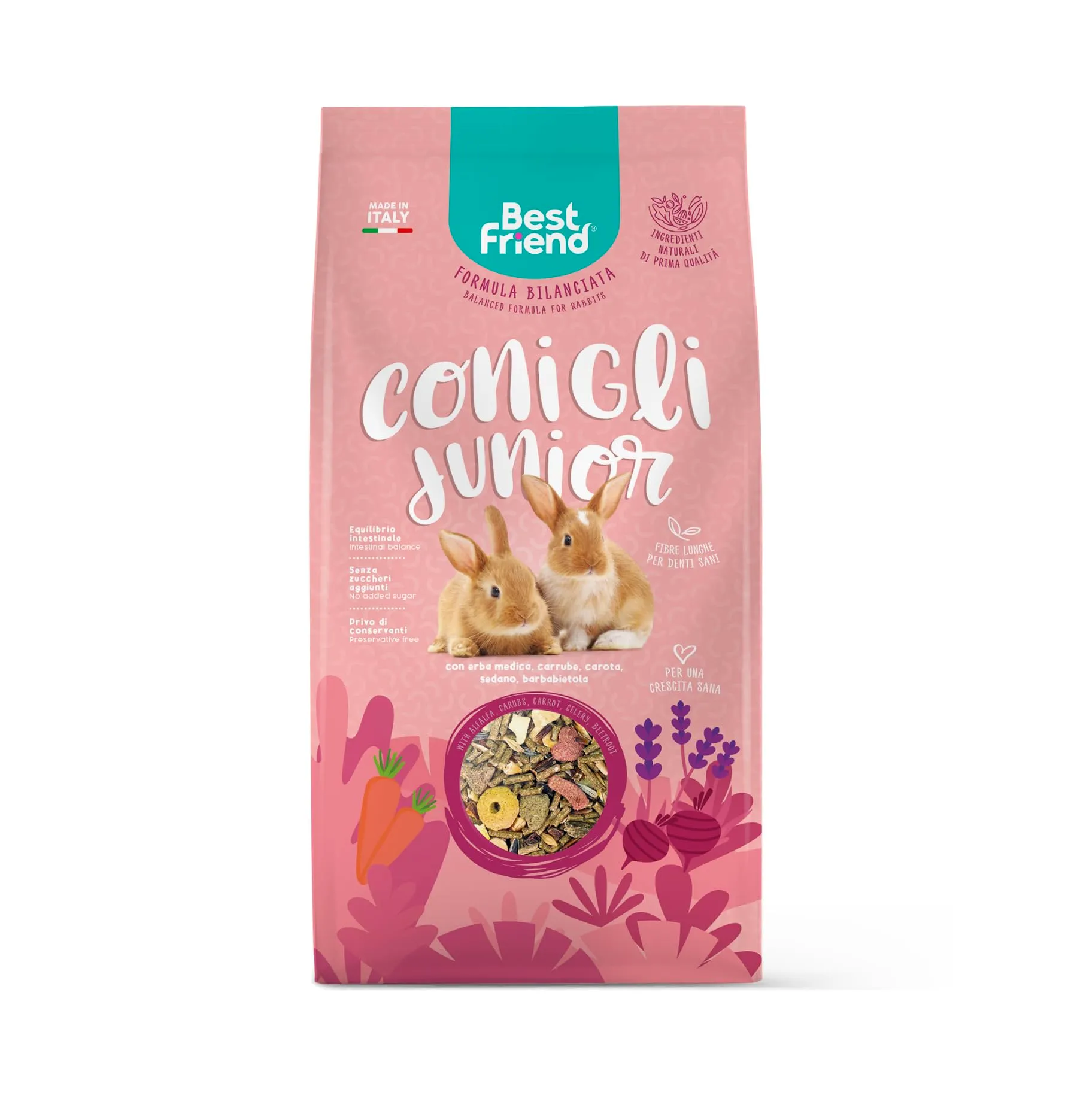 Best Friend Mangime Completo per Conigli Junior con Erba Medica, Carrube, Carota, Sedano, Barbabietola. Mangime per i Roditori con Ingredienti Naturali, Made in Italy| Confezione da 6 pacchi - immagine 2