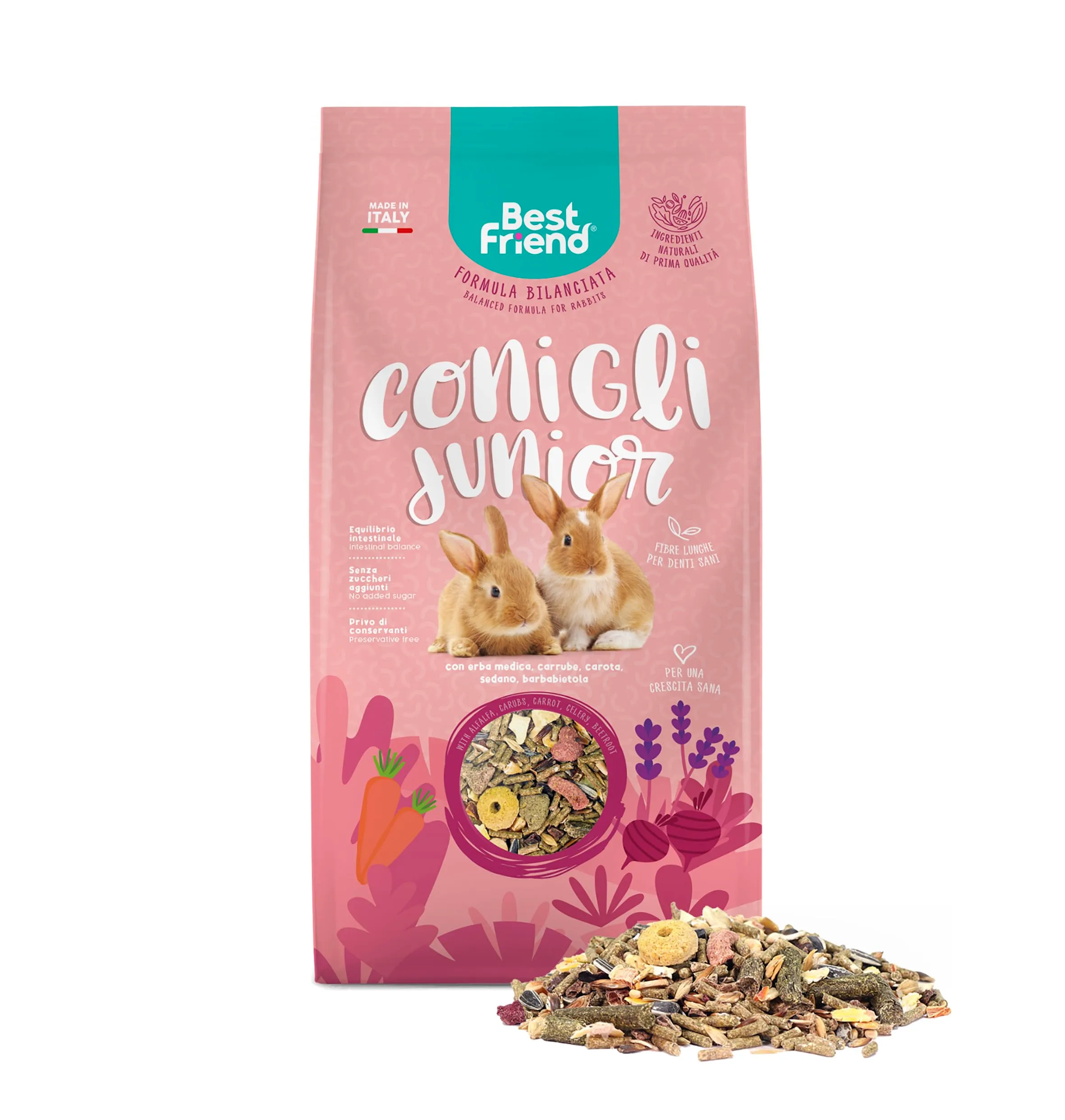 Best Friend Mangime Completo per Conigli Junior con Erba Medica, Carrube, Carota, Sedano, Barbabietola. Mangime per i Roditori con Ingredienti Naturali, Made in Italy| Confezione da 6 pacchi - immagine 3