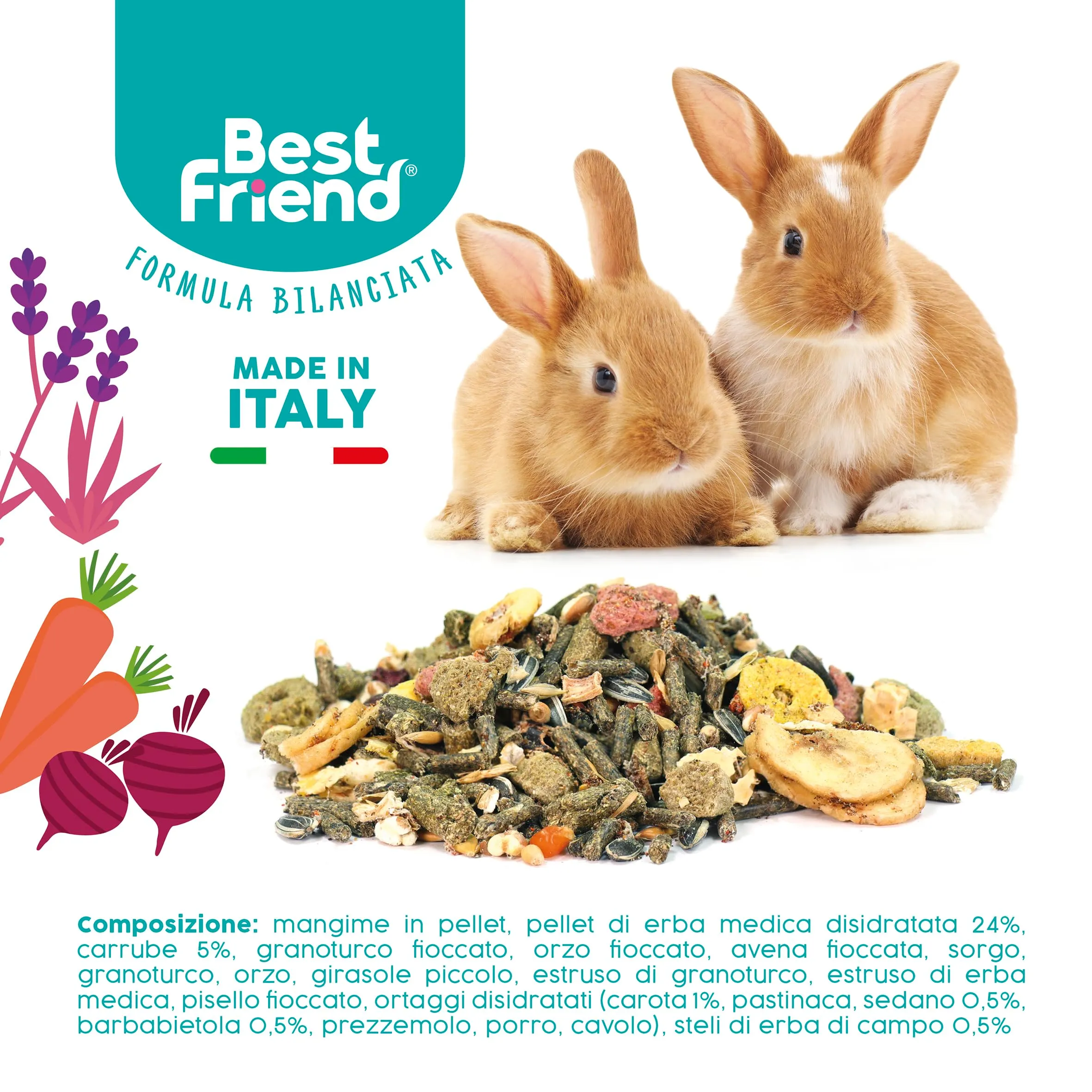 Best Friend Mangime Completo per Conigli Junior con Erba Medica, Carrube, Carota, Sedano, Barbabietola. Mangime per i Roditori con Ingredienti Naturali, Made in Italy| Confezione da 6 pacchi - immagine 5