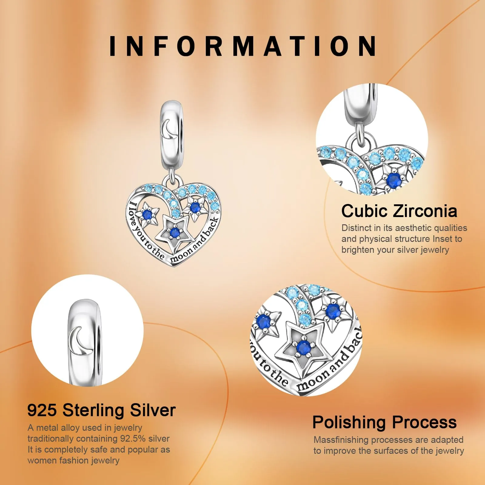 Rimgoris 925 Sterling Silver Women Bracciali Collana Moon and Back Heart Pendant Women Bracelet Charm Festa della mamma con Zirconia - immagine 4