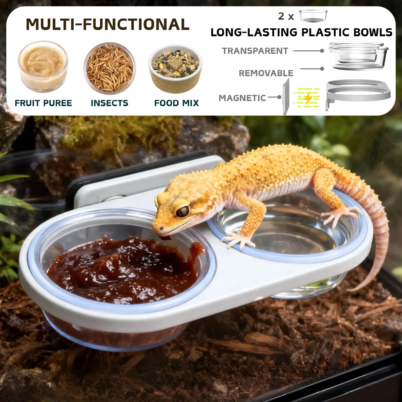 Piattaforma Magnetica per l'Alimentazione dei Rettili con 2 Ciotole in Plastica, Ciotola per Cibo e Acqua per Geco Crestato e Criceto Nano (Grigio, Montaggio magnetico) - immagine 3