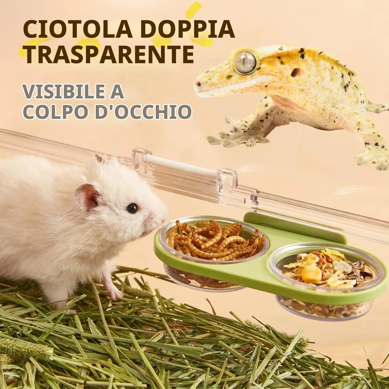 Piattaforma Magnetica per l'Alimentazione dei Rettili con 2 Ciotole in Plastica, Ciotola per Cibo e Acqua per Geco Crestato e Criceto Nano (Grigio, Montaggio magnetico) - immagine 5