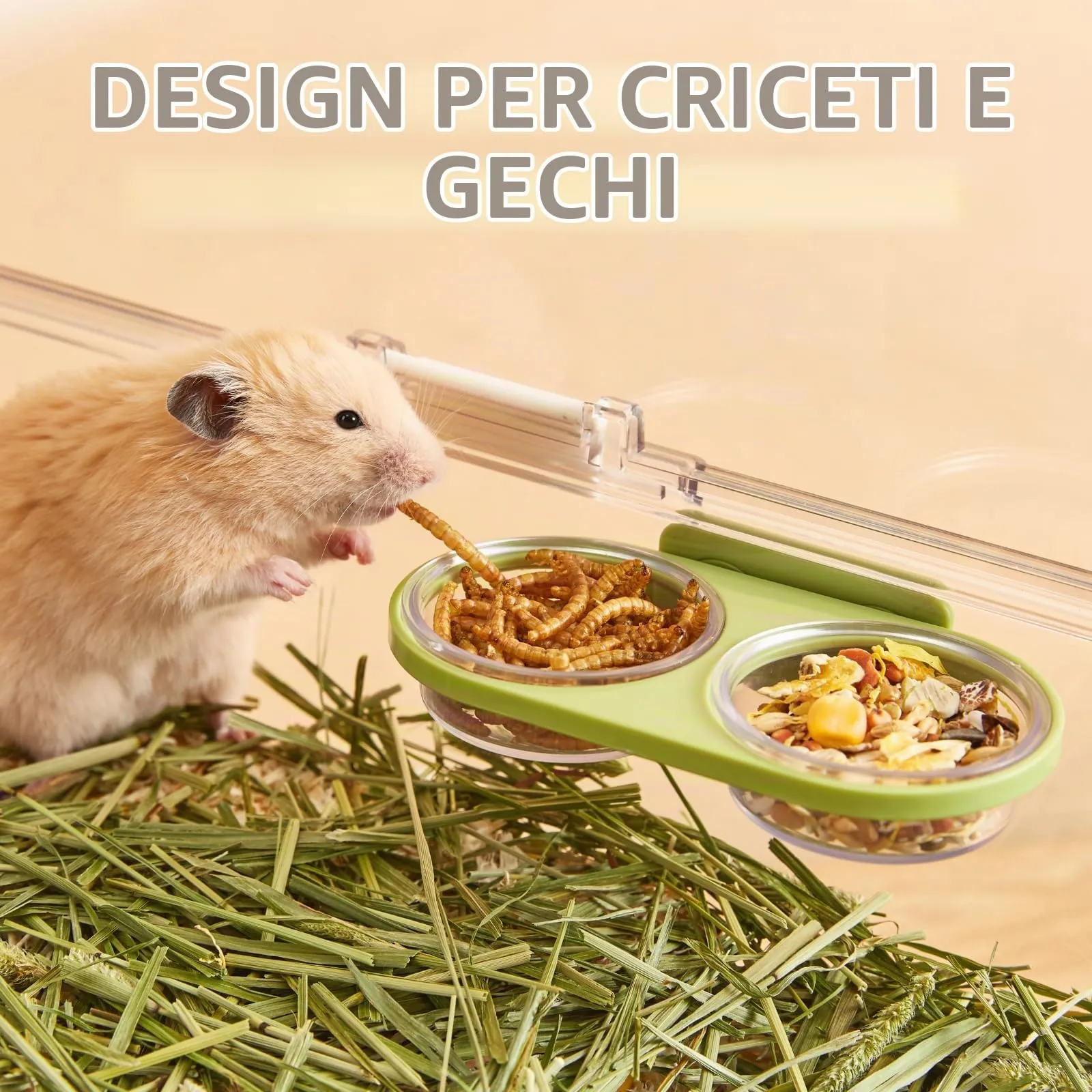 Piattaforma Magnetica per l'Alimentazione dei Rettili con 2 Ciotole in Plastica, Ciotola per Cibo e Acqua per Geco Crestato e Criceto Nano (Grigio, Montaggio magnetico) - immagine 7