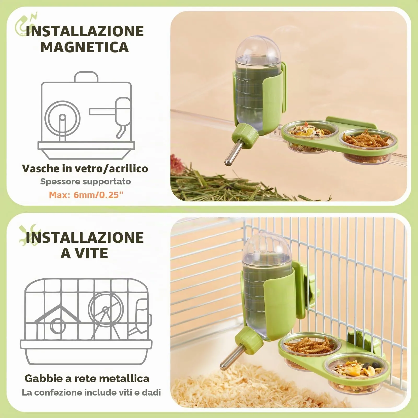 Piattaforma Magnetica per l'Alimentazione dei Rettili con 2 Ciotole in Plastica, Ciotola per Cibo e Acqua per Geco Crestato e Criceto Nano (Grigio, Montaggio magnetico) - immagine 9