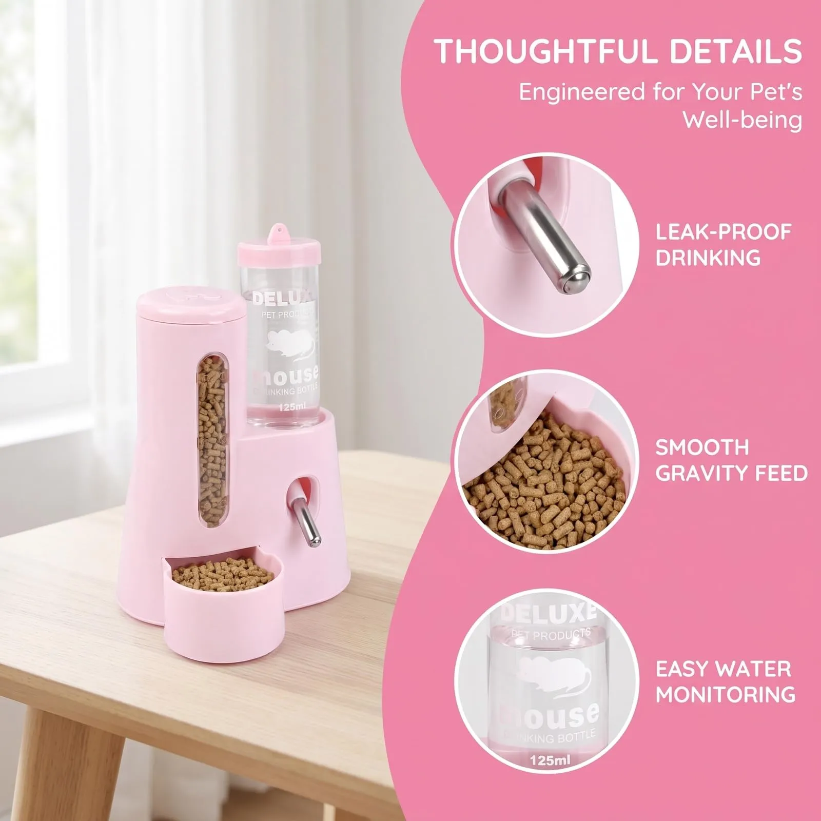Mangiatoia e Abbeveratoio Automatici per Criceti, 2 In 1, Bottiglia D'acqua da 125 ml, Adatta per Cincillà, Porcellini D'India, Ratti, Nani, Gerbilli e Altri Piccoli Animali (rosa) - immagine 3