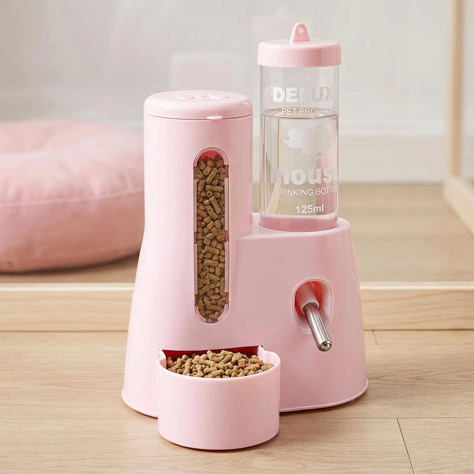 Mangiatoia e Abbeveratoio Automatici per Criceti, 2 In 1, Bottiglia D'acqua da 125 ml, Adatta per Cincillà, Porcellini D'India, Ratti, Nani, Gerbilli e Altri Piccoli Animali (rosa) - immagine 7
