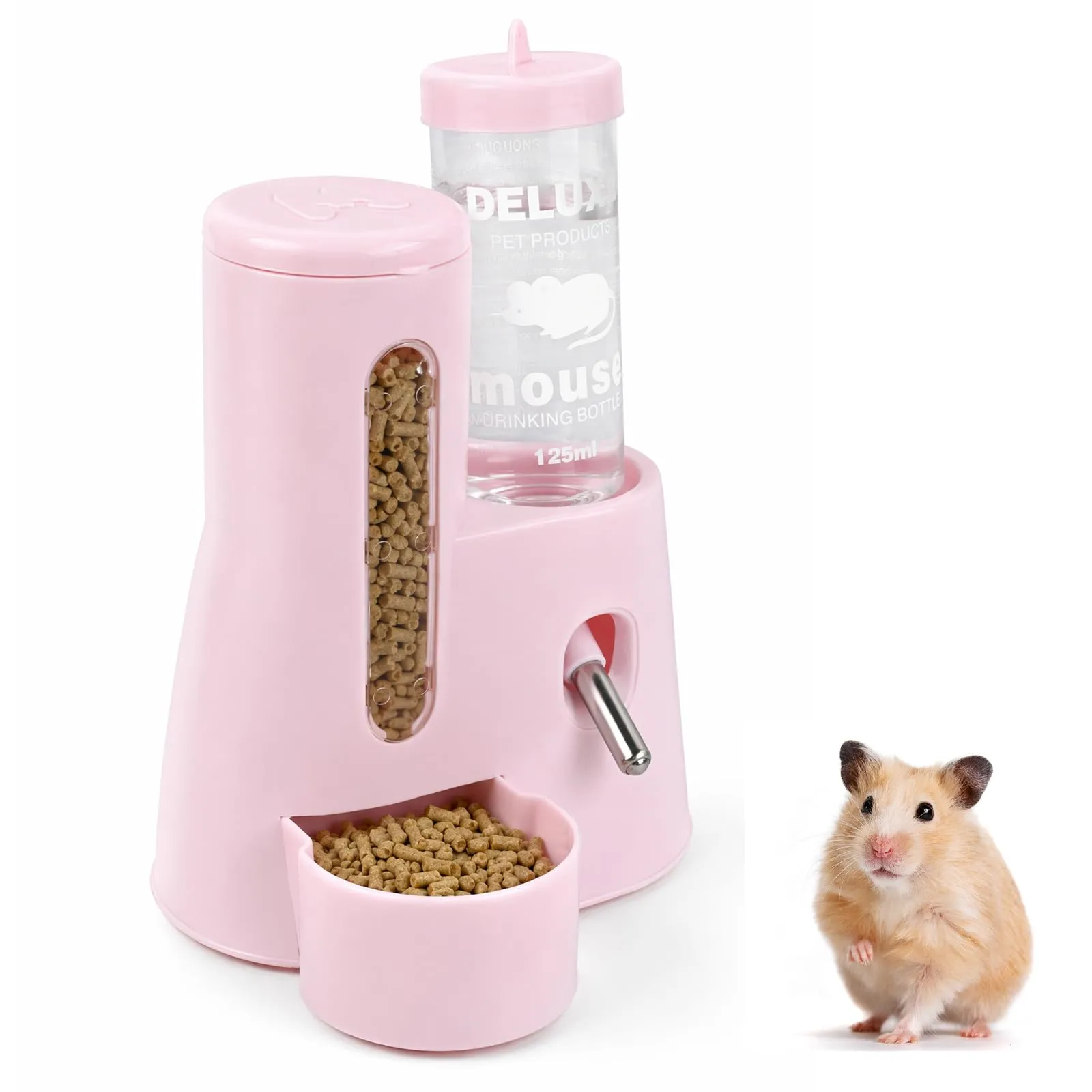 Mangiatoia e Abbeveratoio Automatici per Criceti, 2 In 1, Bottiglia D'acqua da 125 ml, Adatta per Cincillà, Porcellini D'India, Ratti, Nani, Gerbilli e Altri Piccoli Animali (rosa) - immagine 8