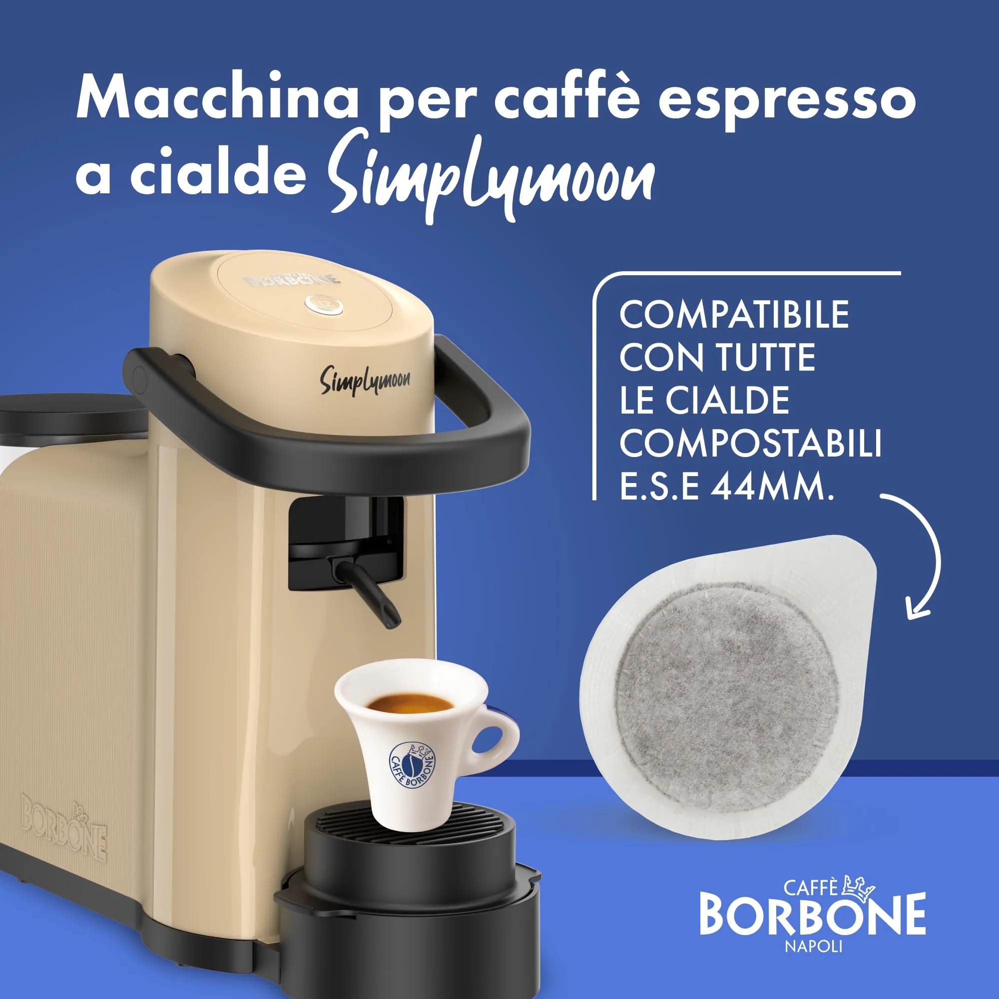 CAFFÈ BORBONE Simplymoon Macchina da Caffè a Cialde (Sabbia, Macchina + Cialda Blu) - immagine 4