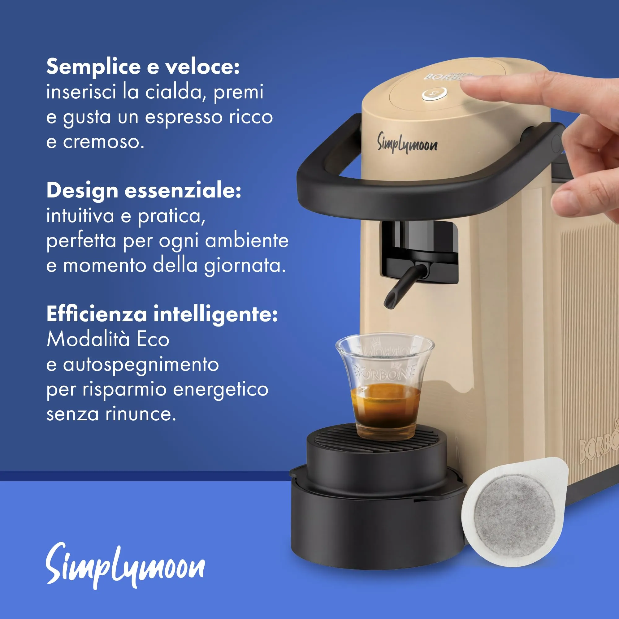 CAFFÈ BORBONE Simplymoon Macchina da Caffè a Cialde (Sabbia, Macchina + Cialda Blu) - immagine 6