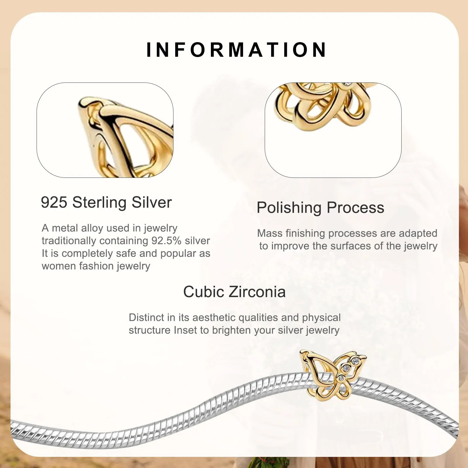 Rimgoris - Ciondolo placcato oro in argento Sterling 925, compatibile con braccialetti fai-da-te, ciondolo scintillante con zirconia, per donna, gioielli fatti a mano, one size, Metallo, Zirconia - immagine 3