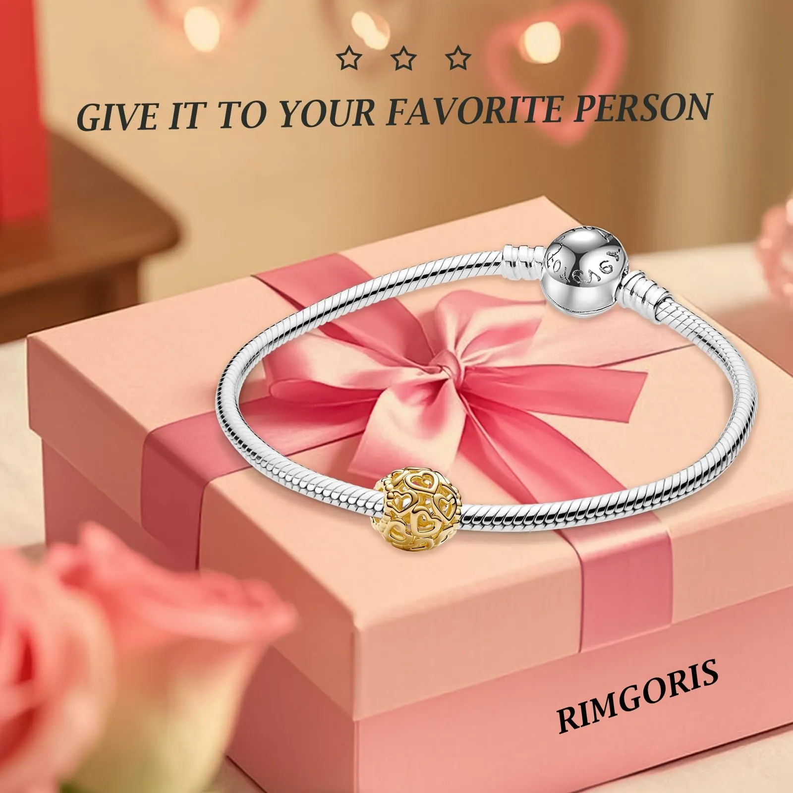 Rimgoris Ciondolo in argento Sterling 925 placcato oro, adatto per braccialetti fai da te, ciondolo scintillante con zirconi, per donne, gioielli fatti a mano, one size, Metallo, Zirconie sintetico - immagine 3