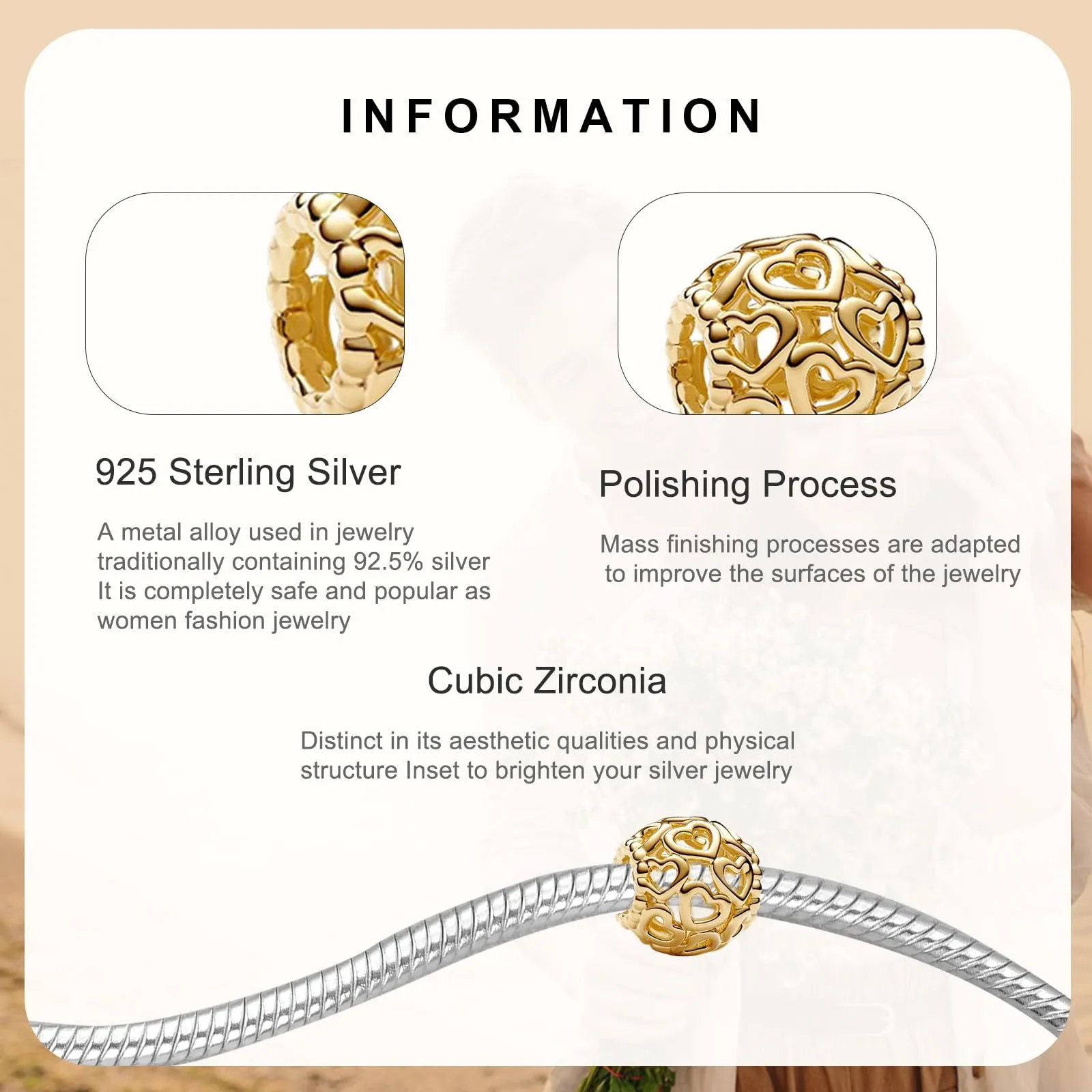 Rimgoris Ciondolo in argento Sterling 925 placcato oro, adatto per braccialetti fai da te, ciondolo scintillante con zirconi, per donne, gioielli fatti a mano, one size, Metallo, Zirconie sintetico - immagine 4