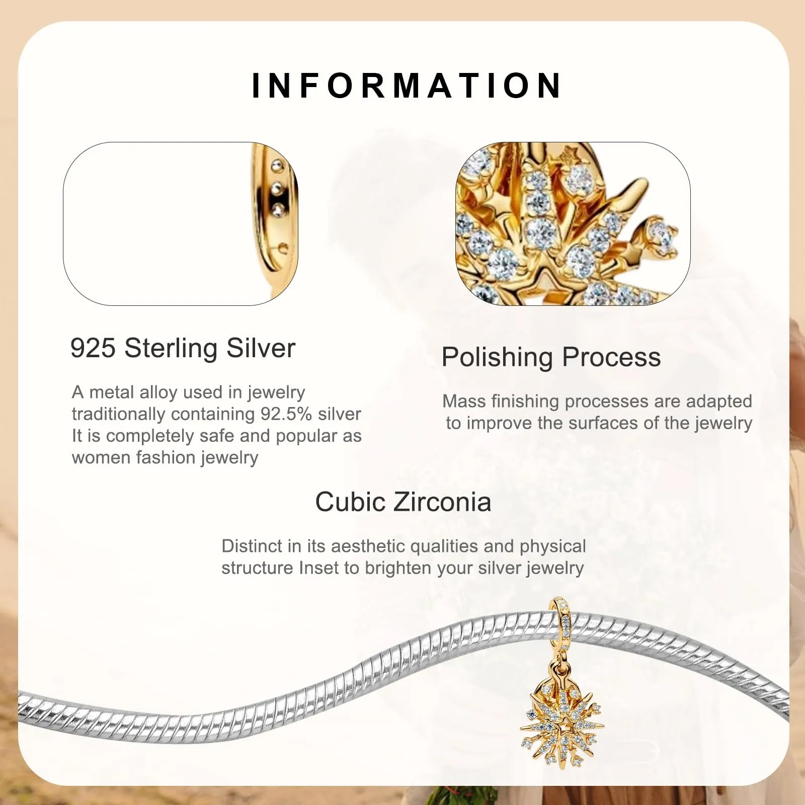 Rimgoris Ciondolo in argento Sterling 925 placcato oro, adatto per braccialetti fai da te, ciondolo scintillante con zirconi, per donne, gioielli fatti a mano, one size, Metallo, Zirconie sintetico - immagine 4