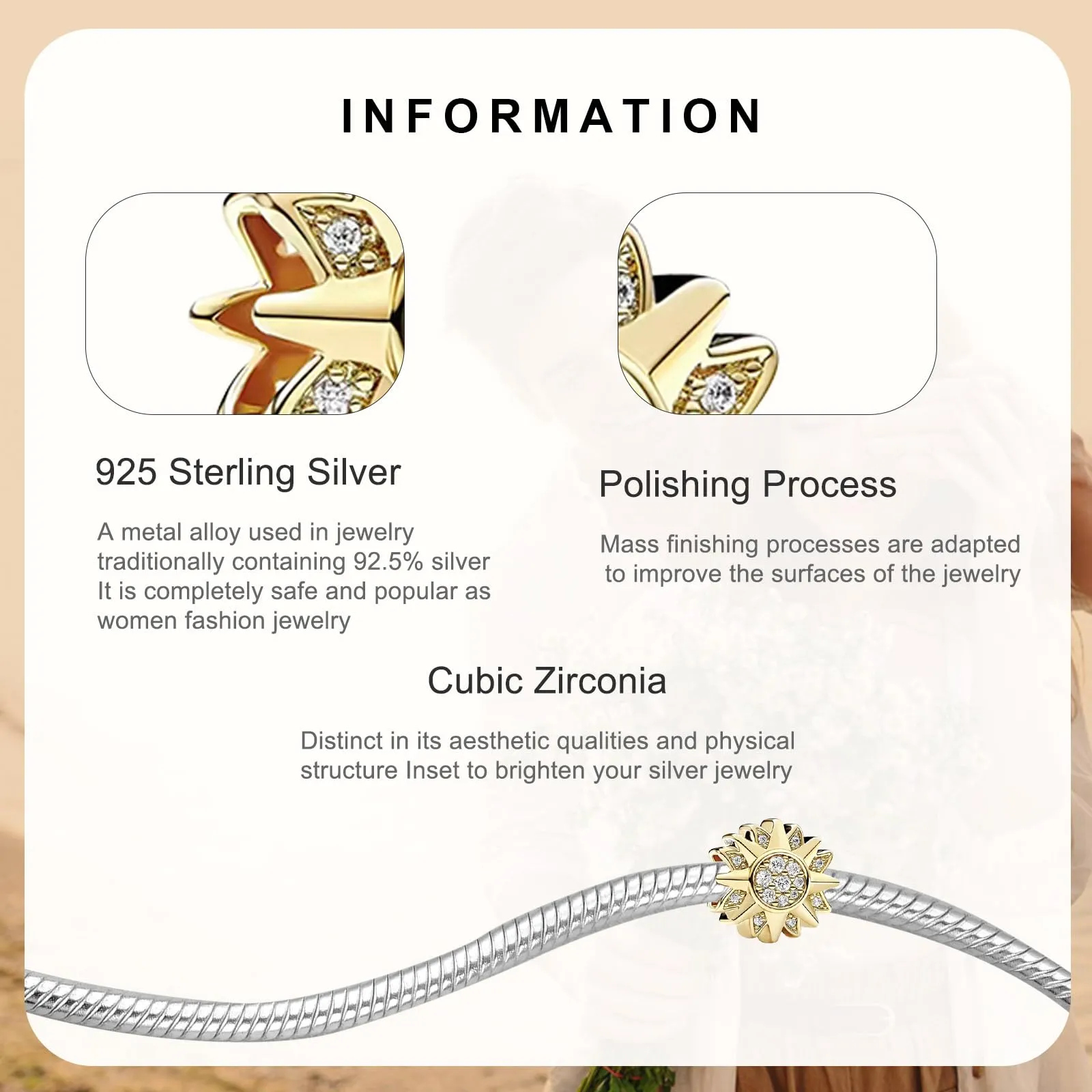 Rimgoris - Ciondolo placcato oro in argento Sterling 925, adatto per braccialetti fai-da-te, ciondolo scintillante con zirconia, per donna, gioielli fatti a mano, Metallo, Zirconia cubica - immagine 4