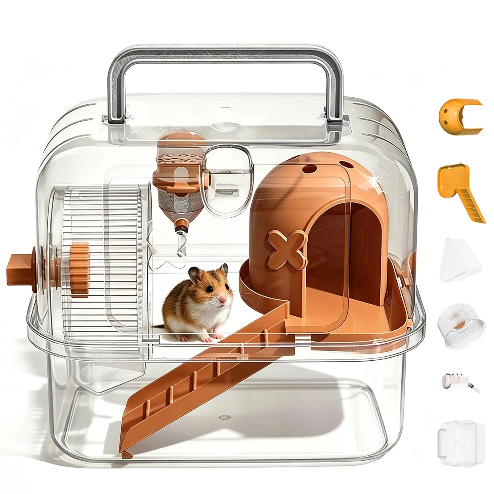 Trasportino portatile per criceti e piccoli animali - 24 x 18 x 20 cm - Con bottiglia per l'acqua - Maniglia per il trasporto per topi, conigli, porcellini d'India, arancione - immagine 1