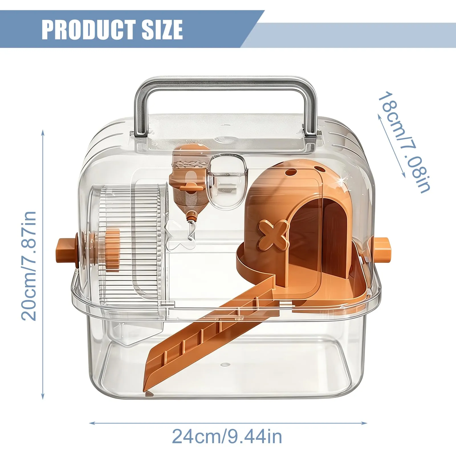 Trasportino portatile per criceti e piccoli animali - 24 x 18 x 20 cm - Con bottiglia per l'acqua - Maniglia per il trasporto per topi, conigli, porcellini d'India, arancione - immagine 2