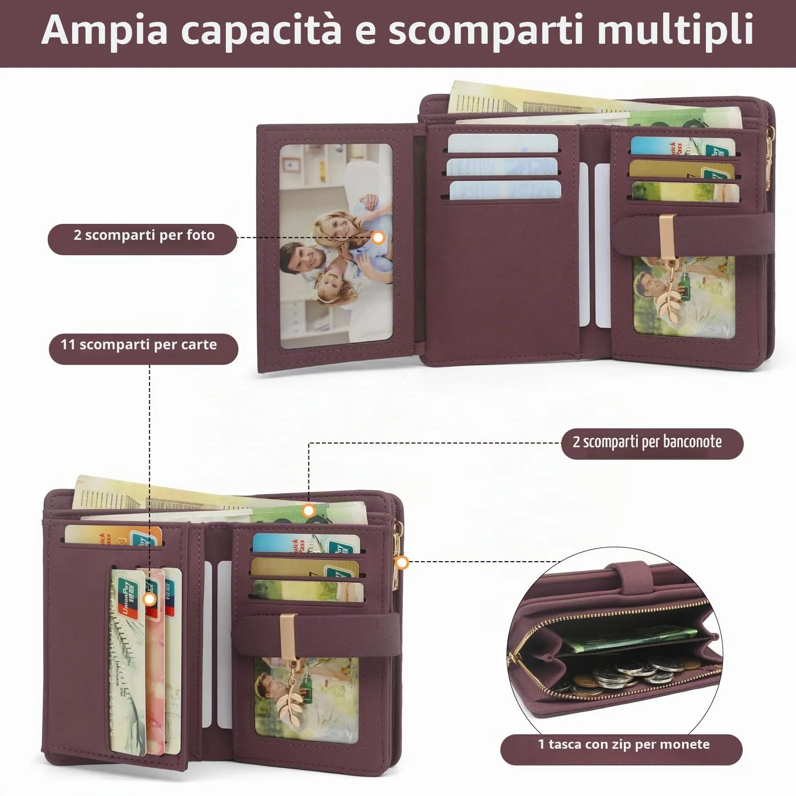 REETEE Portafoglio Donna Piccolo in Pelle con Blocco RFID e Portamonete - immagine 2