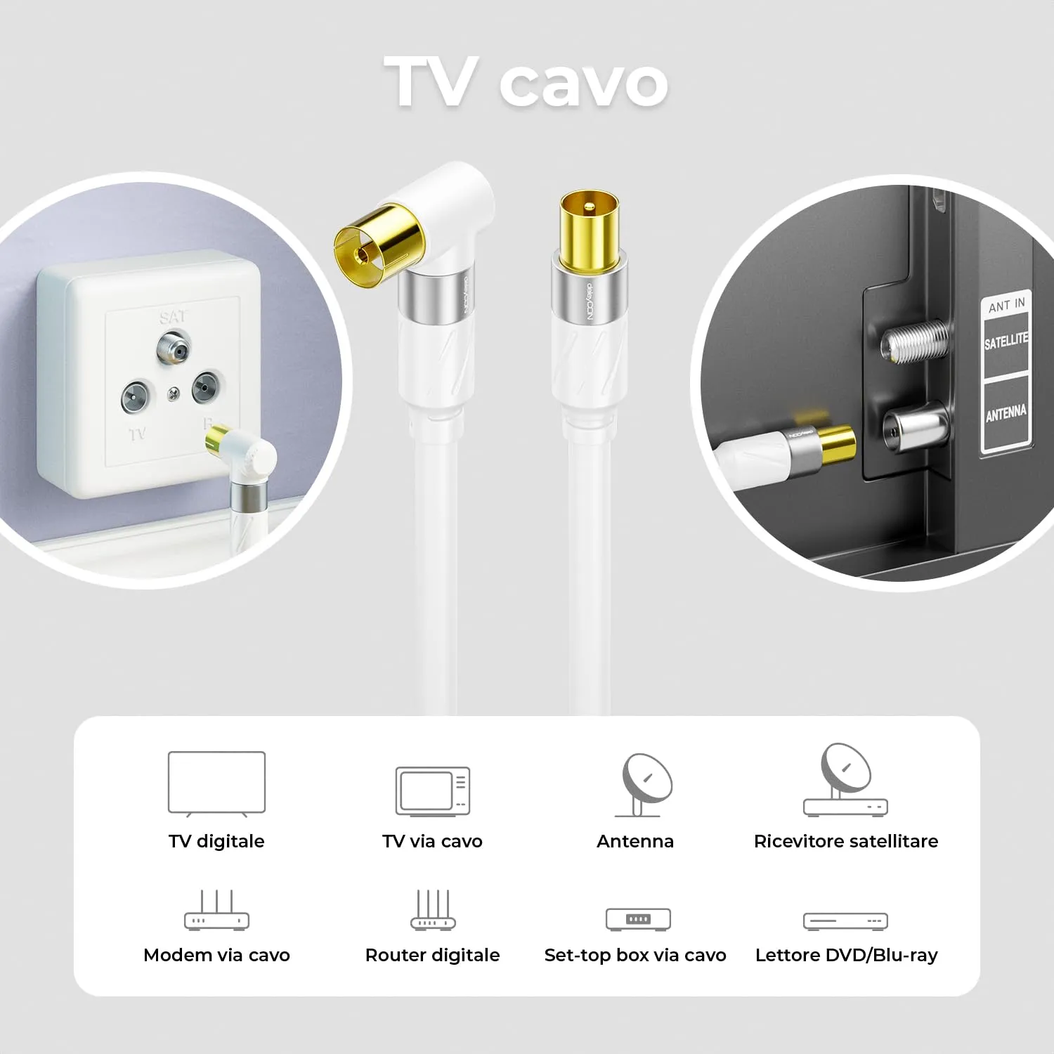 deleyCON 0,5m 4K Cavo Antenna TV Angolato - Coassiale IEC HDTV - Bianco - immagine 6