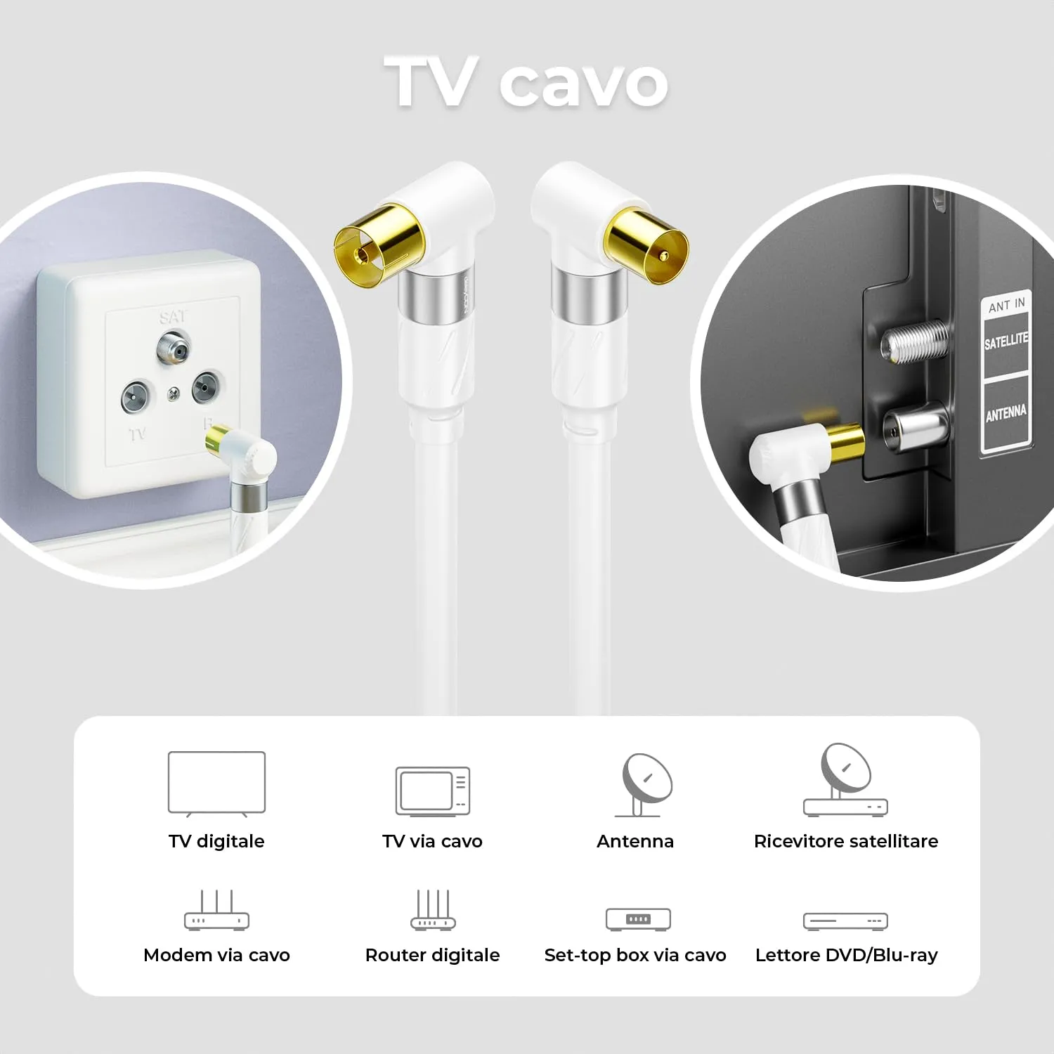 deleyCON 20m 4K Cavo Antenna TV 2x Angolato - Cavo Coassiale IEC - Bianco - immagine 6